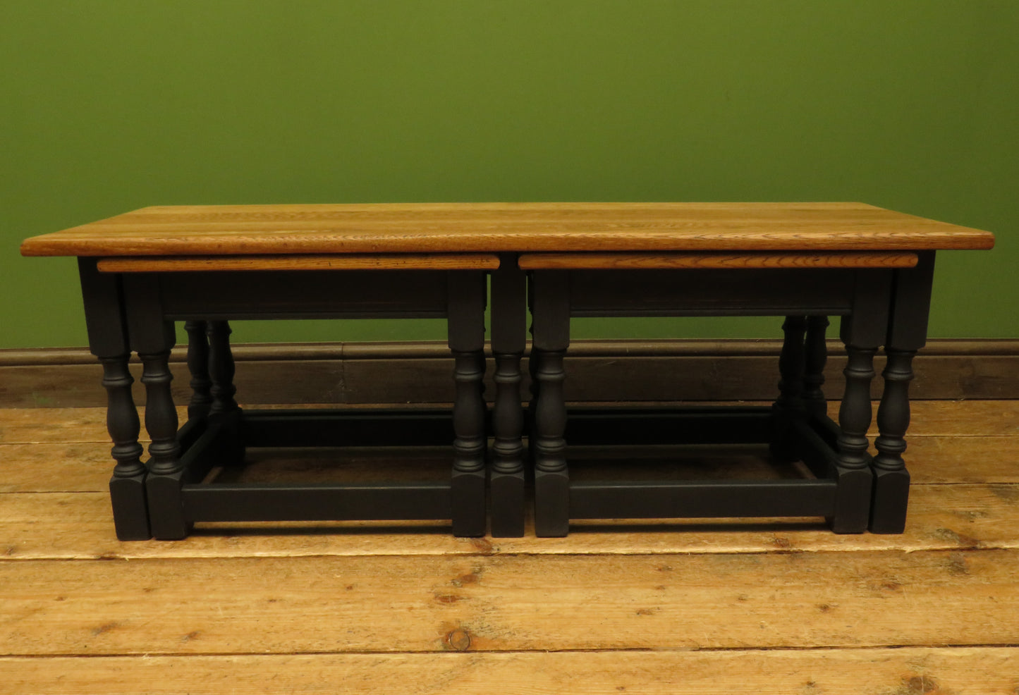 Vintage Nest of Tables with Black Bases and wooden tops