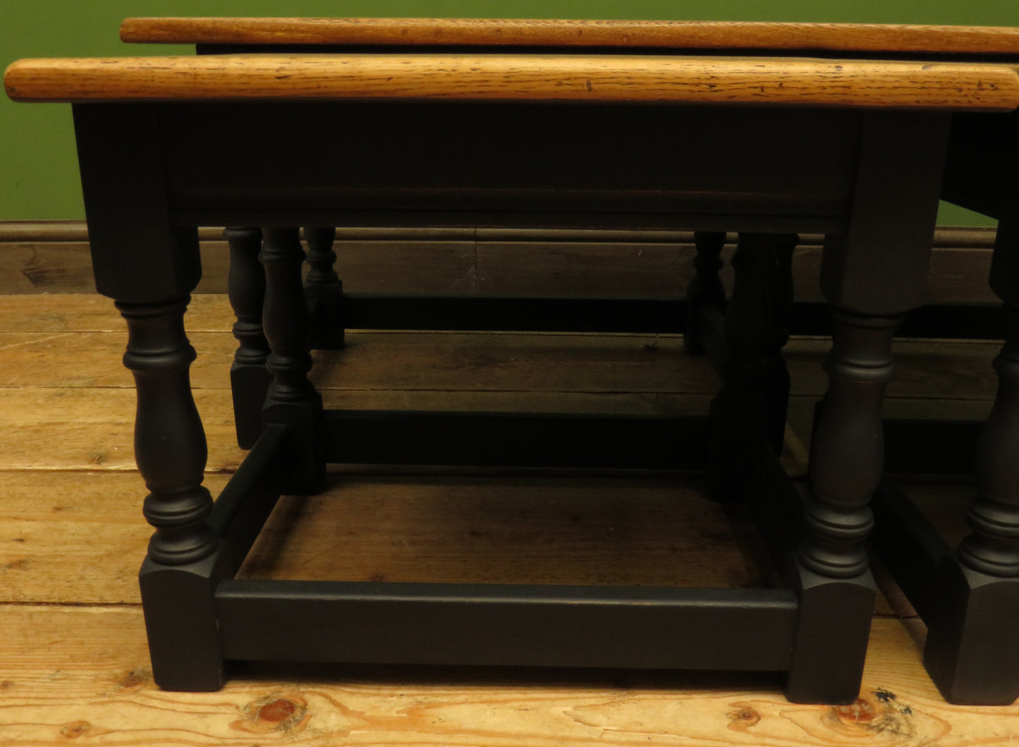 Vintage Nest of Tables with Black Bases and wooden tops