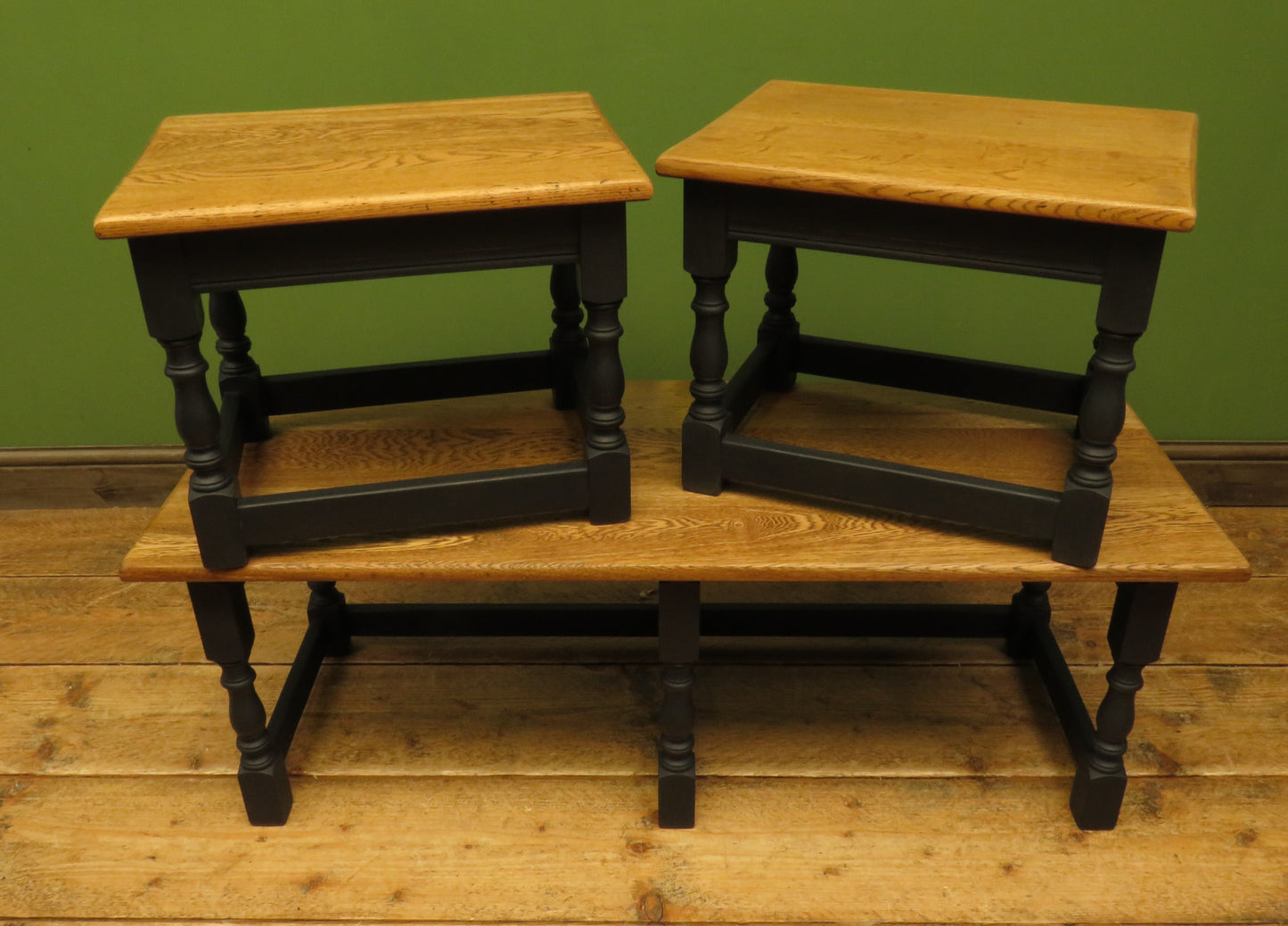 Vintage Nest of Tables with Black Bases and wooden tops