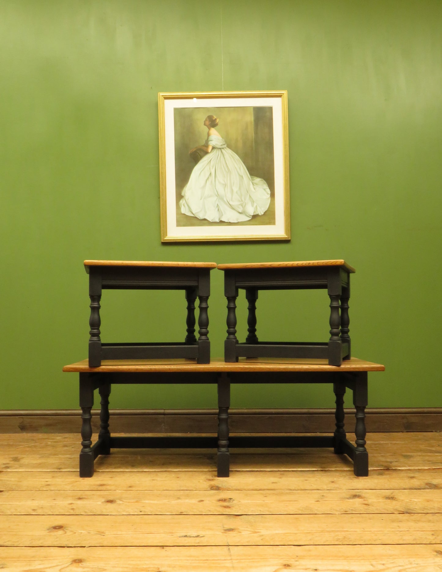 Vintage Nest of Tables with Black Bases and wooden tops