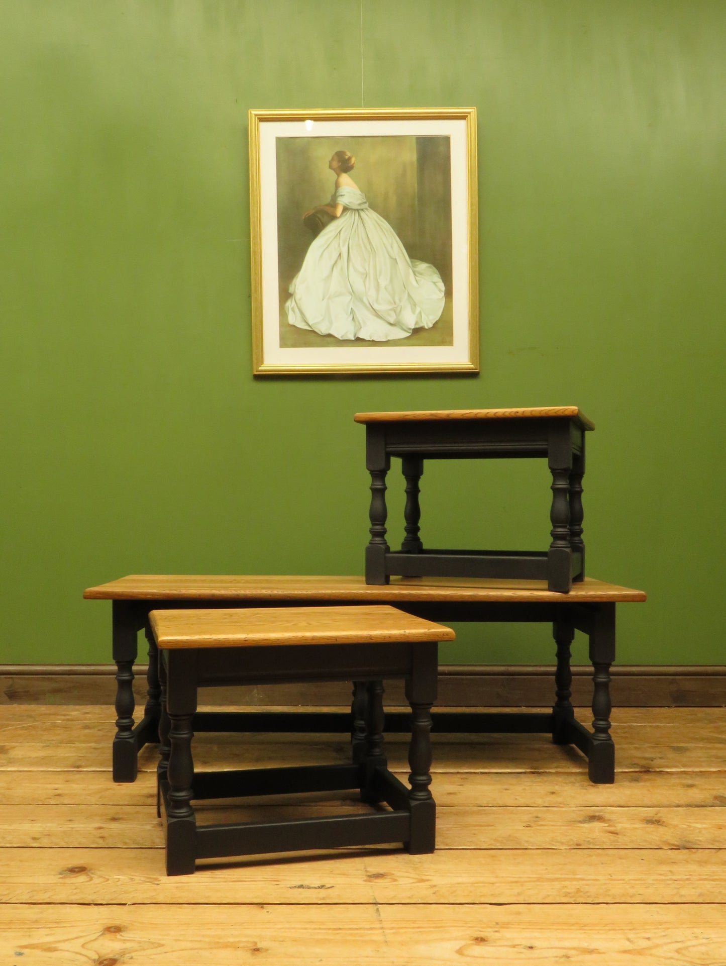 Vintage Nest of Tables with Black Bases and wooden tops
