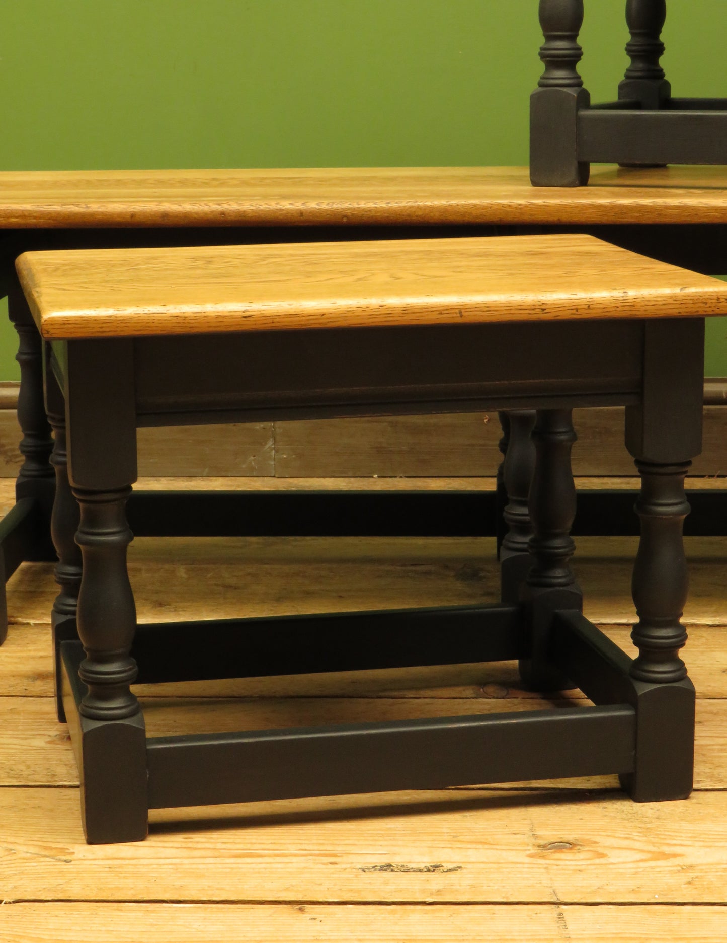 Vintage Nest of Tables with Black Bases and wooden tops