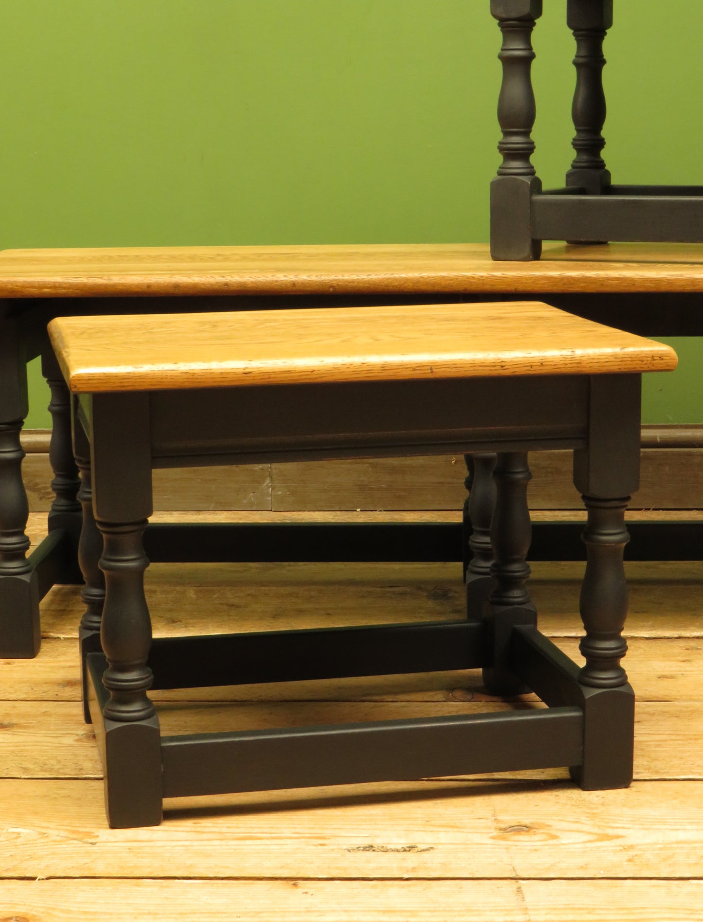 Vintage Nest of Tables with Black Bases and wooden tops