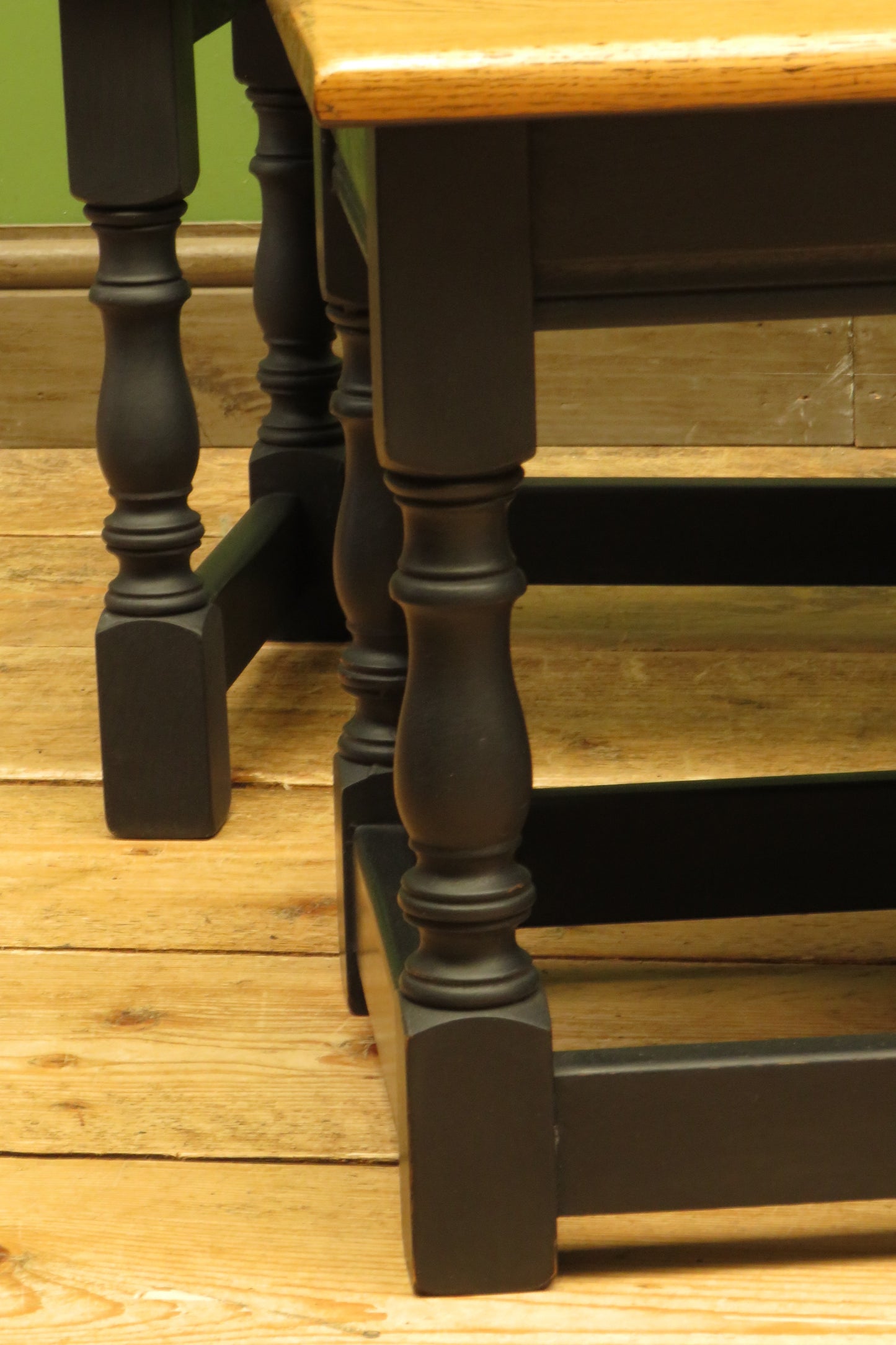 Vintage Nest of Tables with Black Bases and wooden tops