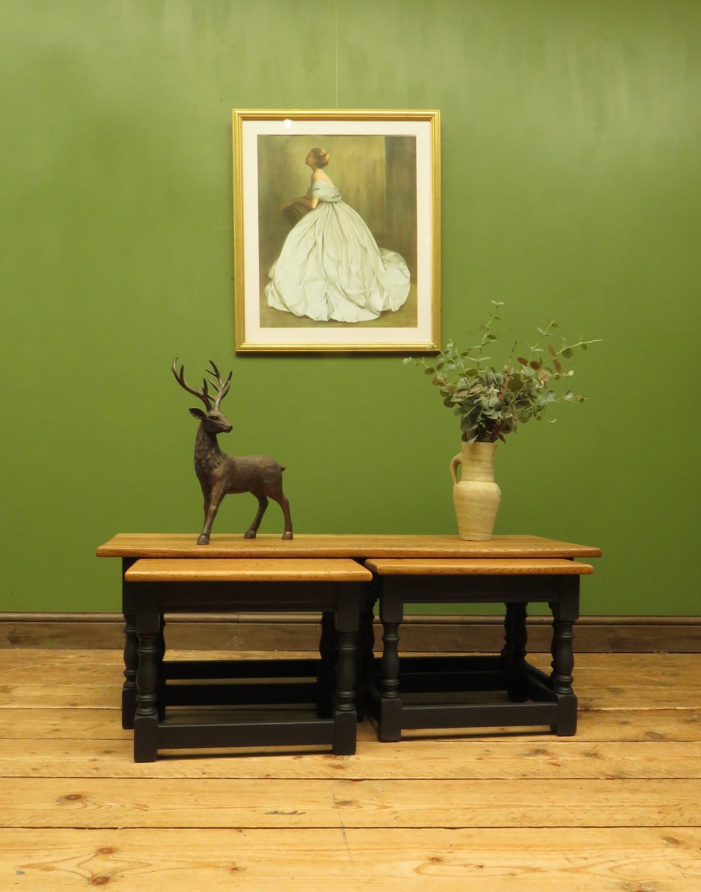 Vintage Nest of Tables with Black Bases and wooden tops