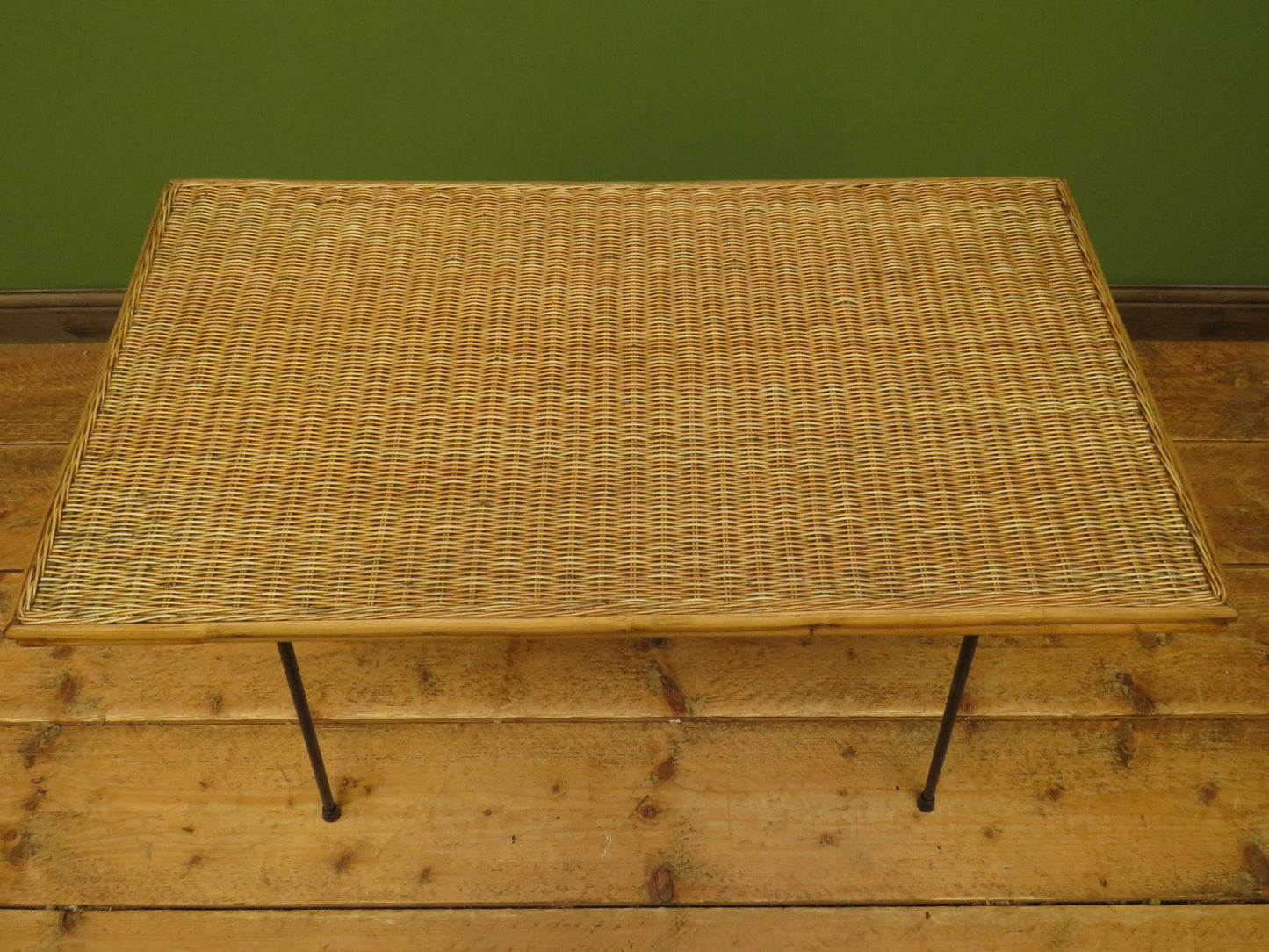 Vintage Scandi-Boho Modernist Bamboo and Rattan Coffee Table with Metal base