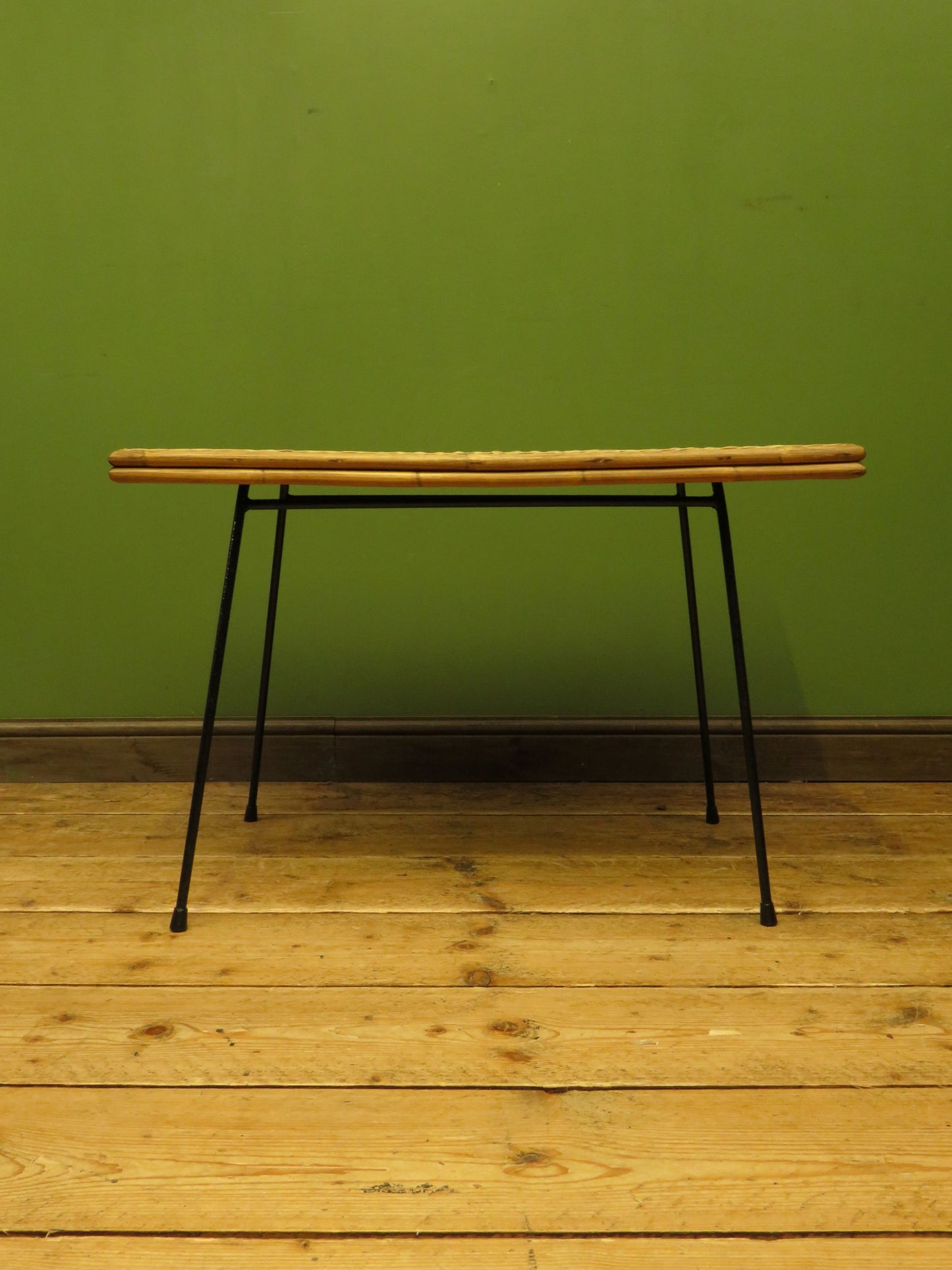 Vintage Scandi-Boho Modernist Bamboo and Rattan Coffee Table with Metal base