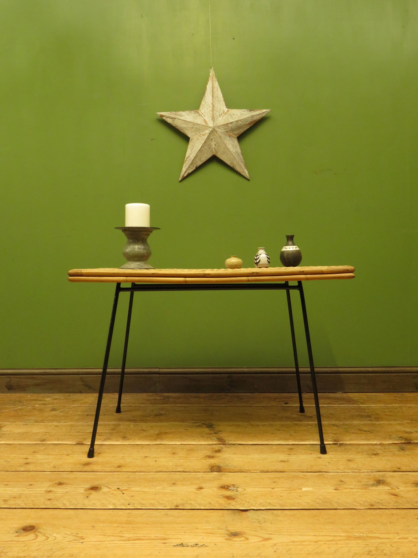 Vintage Scandi-Boho Modernist Bamboo and Rattan Coffee Table with Metal base