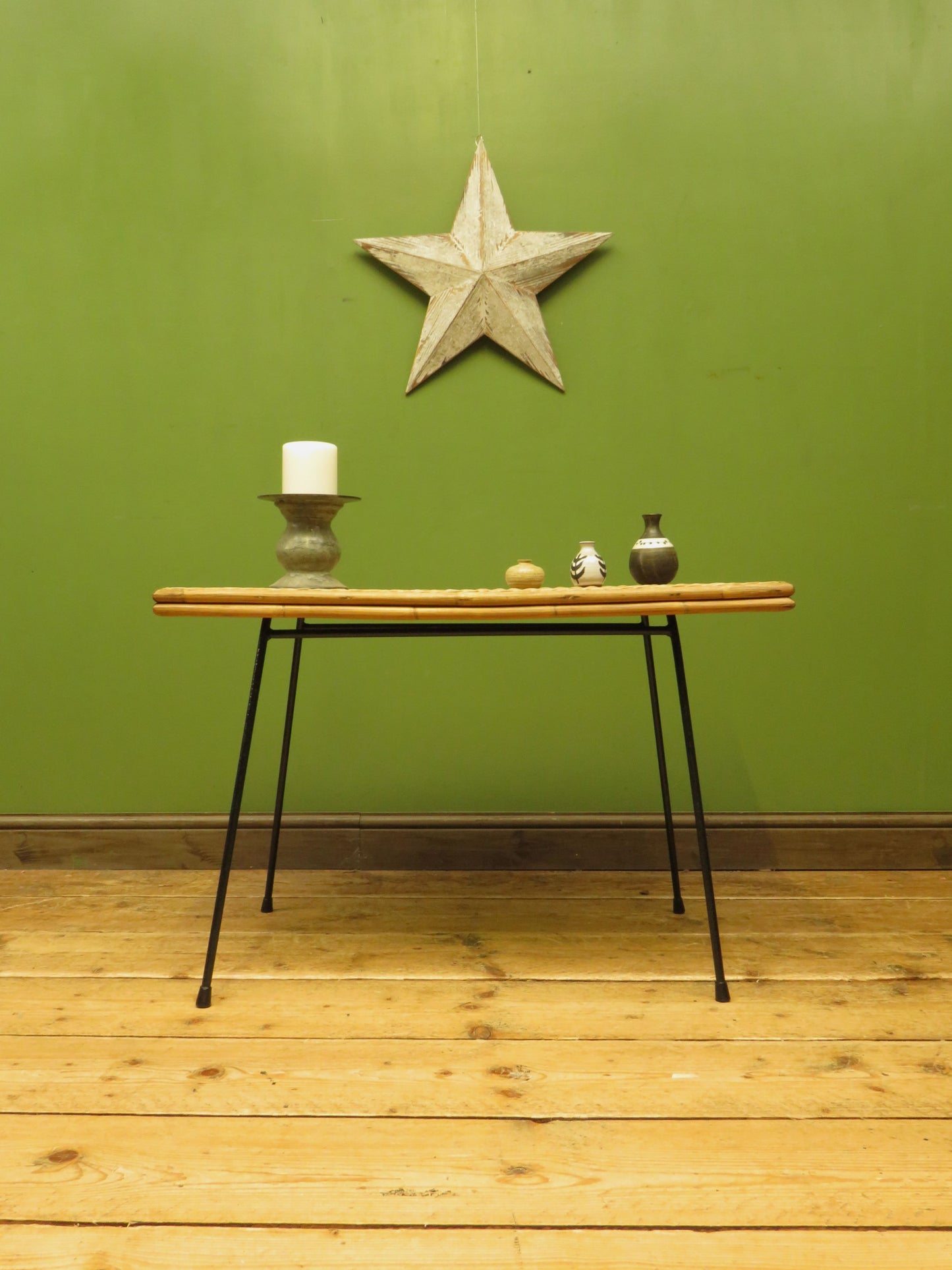 Vintage Scandi-Boho Modernist Bamboo and Rattan Coffee Table with Metal base