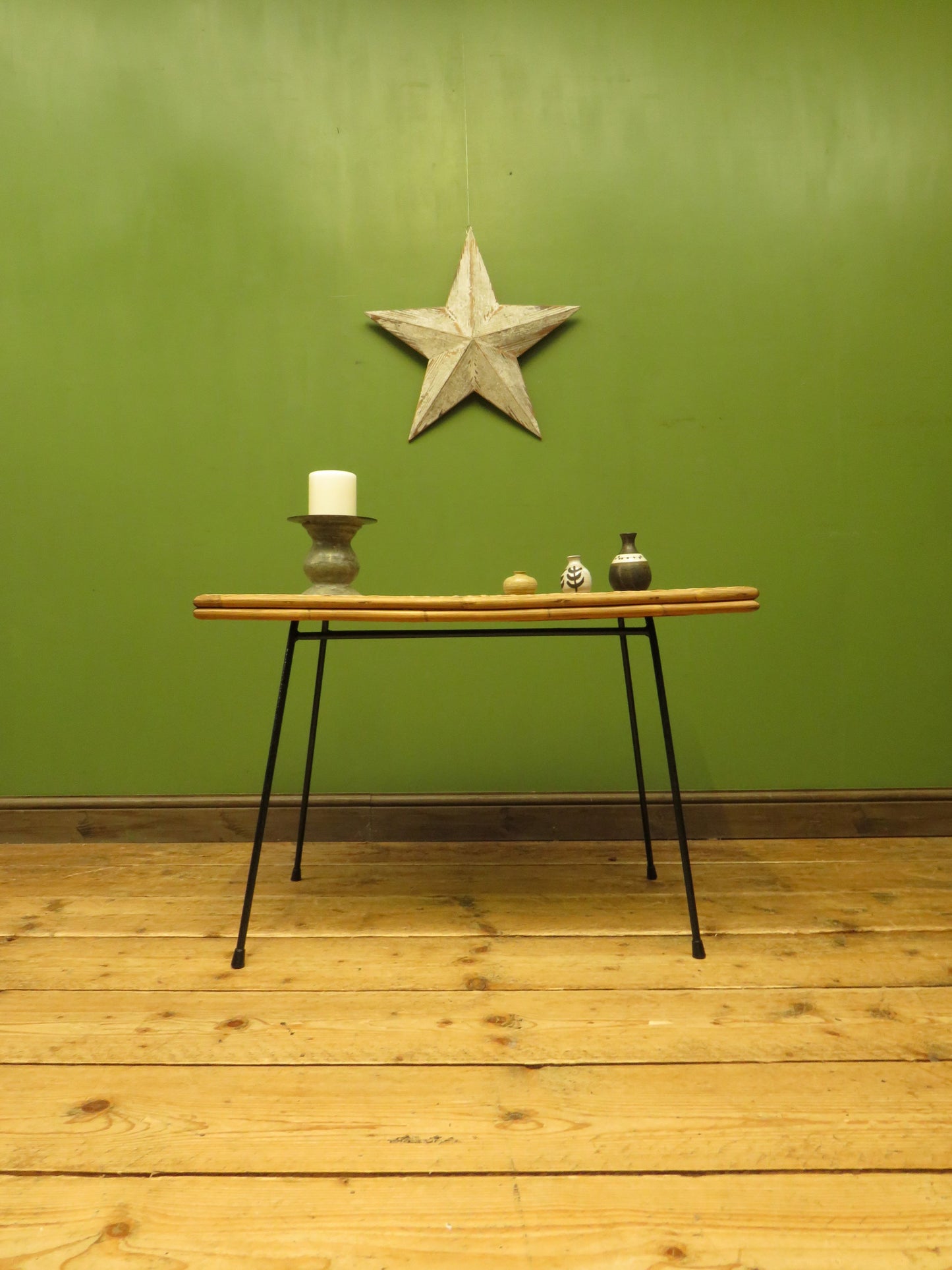 Vintage Scandi-Boho Modernist Bamboo and Rattan Coffee Table with Metal base