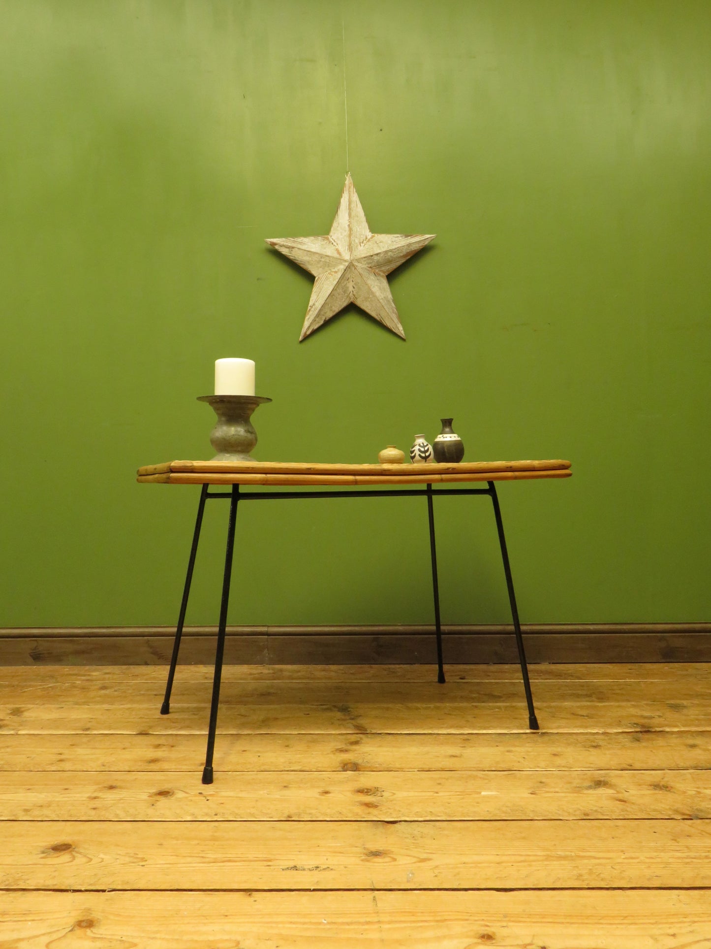 Vintage Scandi-Boho Modernist Bamboo and Rattan Coffee Table with Metal base