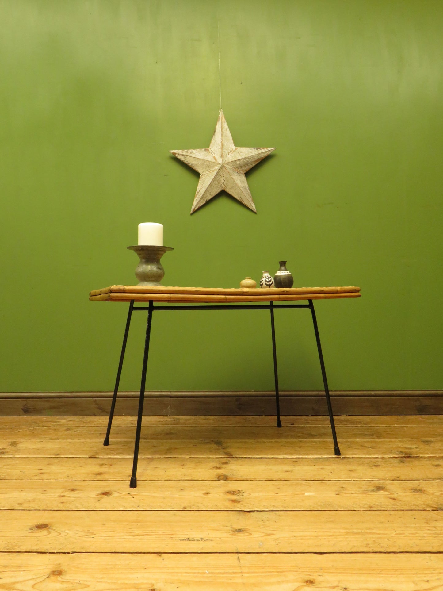 Vintage Scandi-Boho Modernist Bamboo and Rattan Coffee Table with Metal base