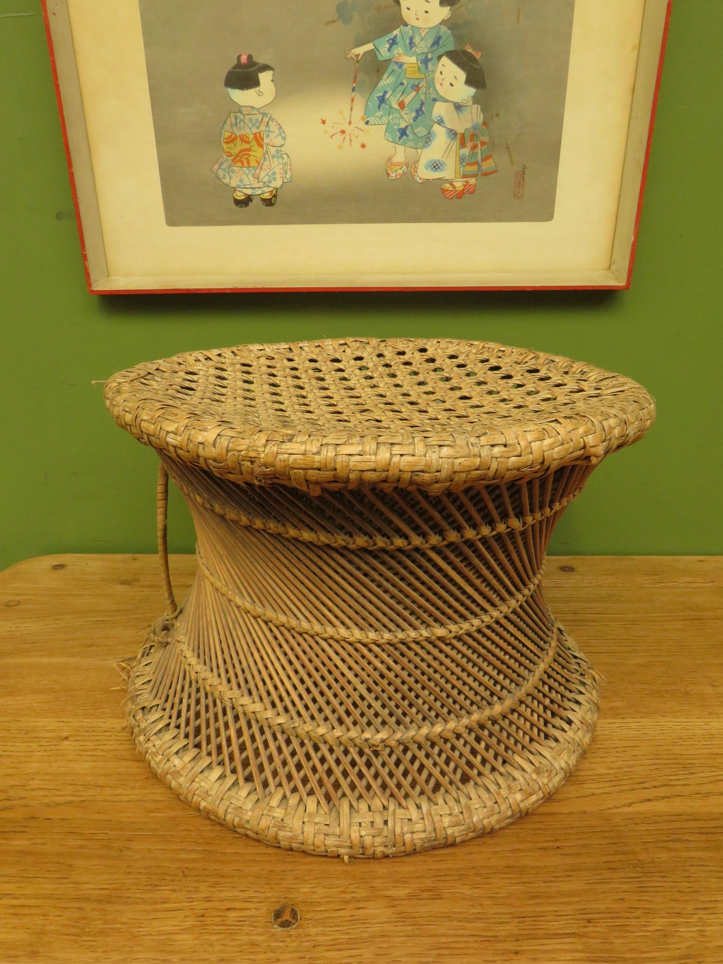 Vintage Boho woven wicker footstool