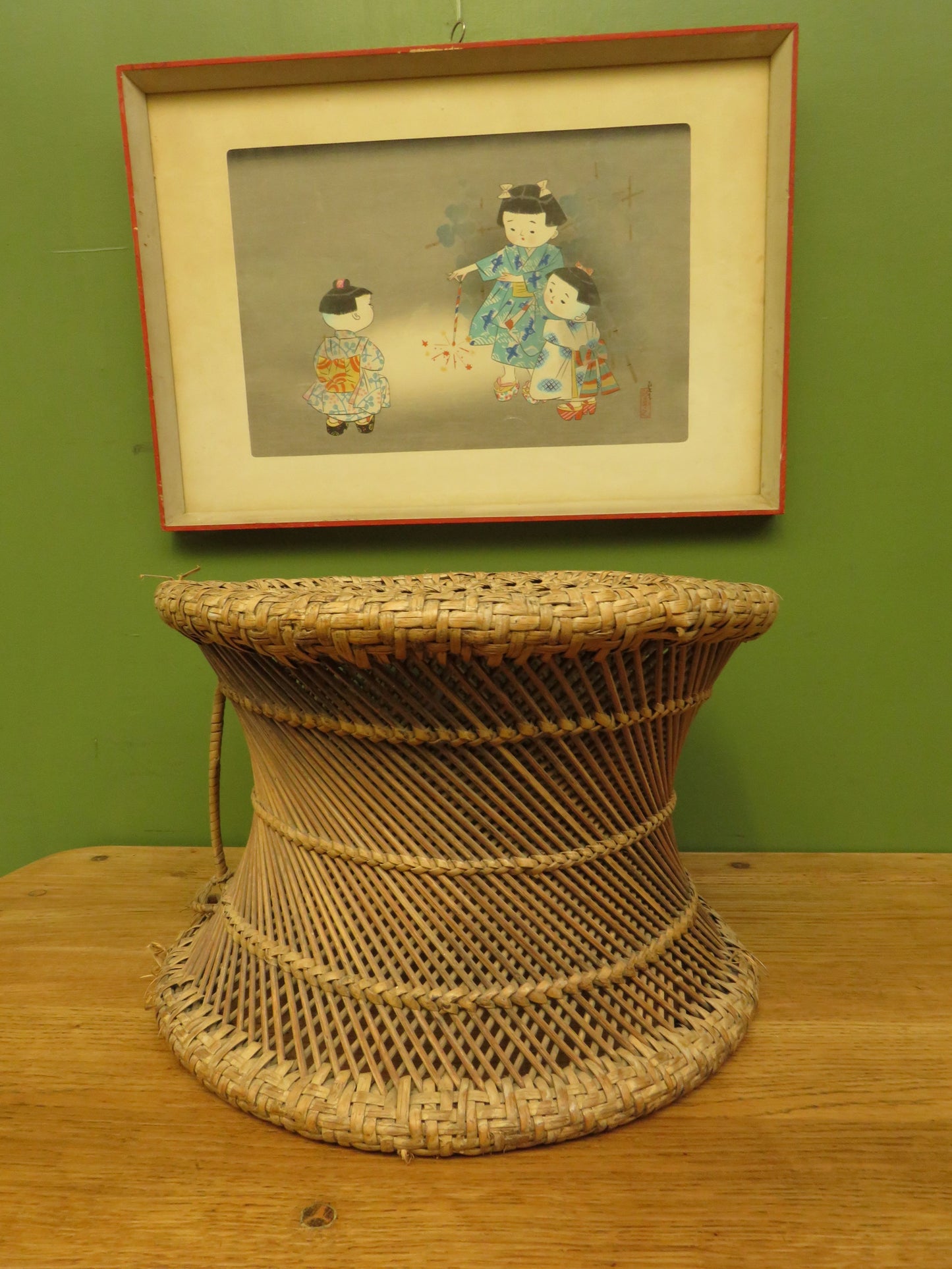 Vintage Boho woven wicker footstool