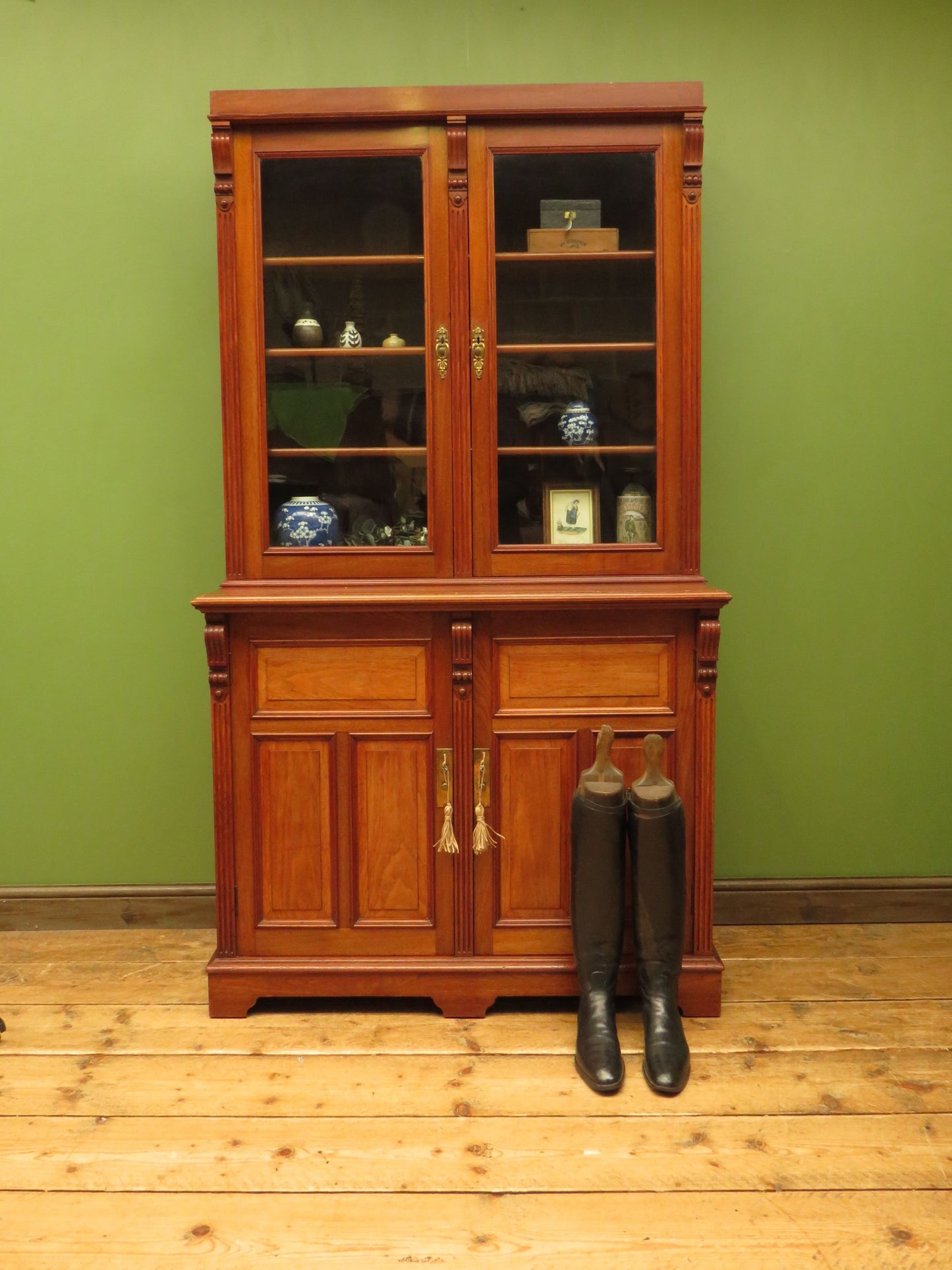 Antique Lockable Two Part Book Cabinet with Glazed Top