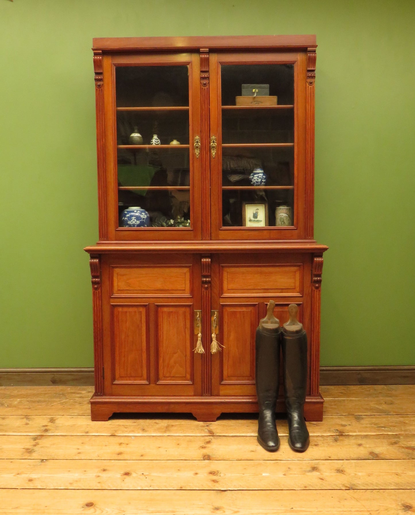 Antique Lockable Two Part Book Cabinet with Glazed Top