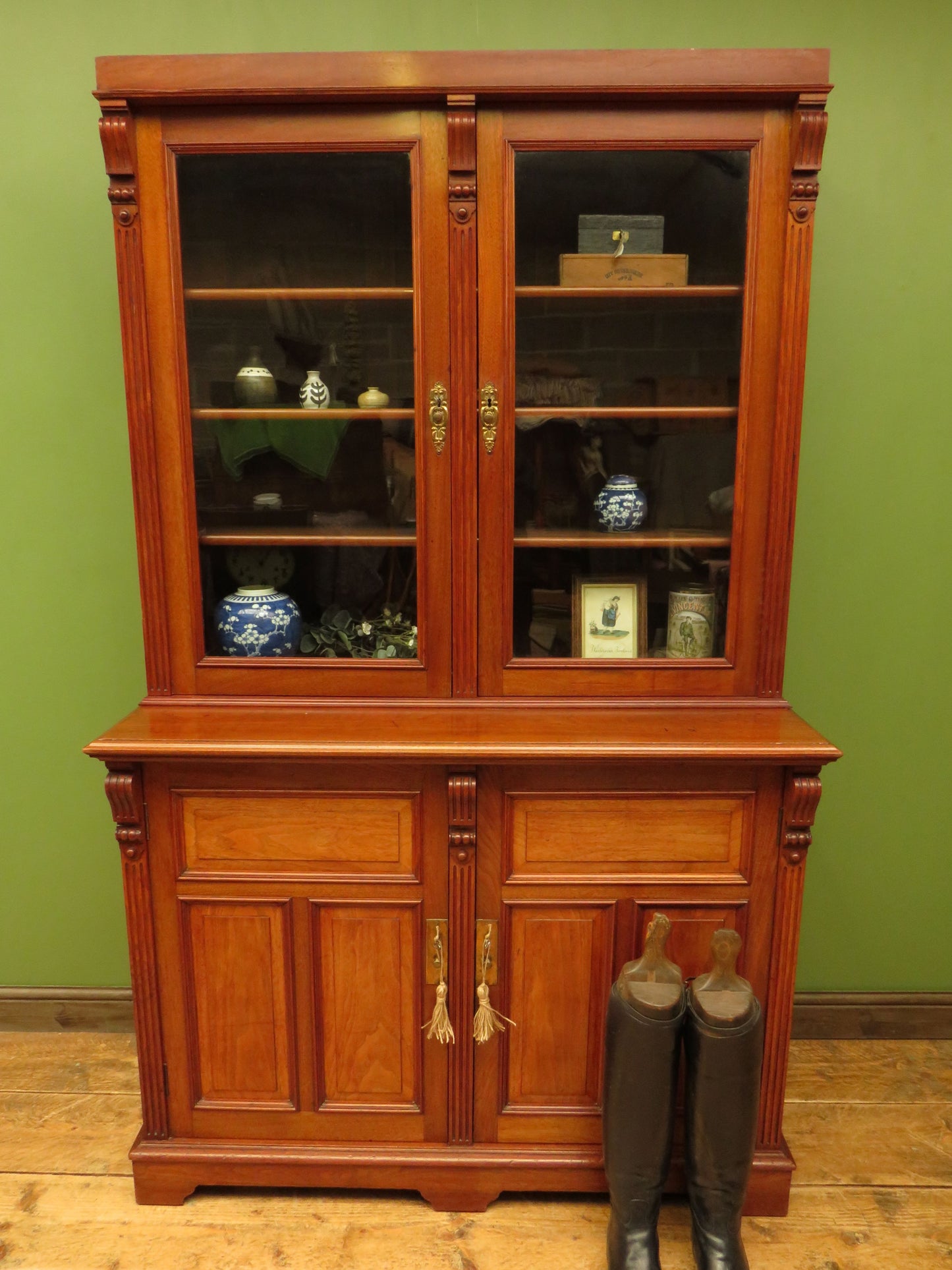 Antique Lockable Two Part Book Cabinet with Glazed Top