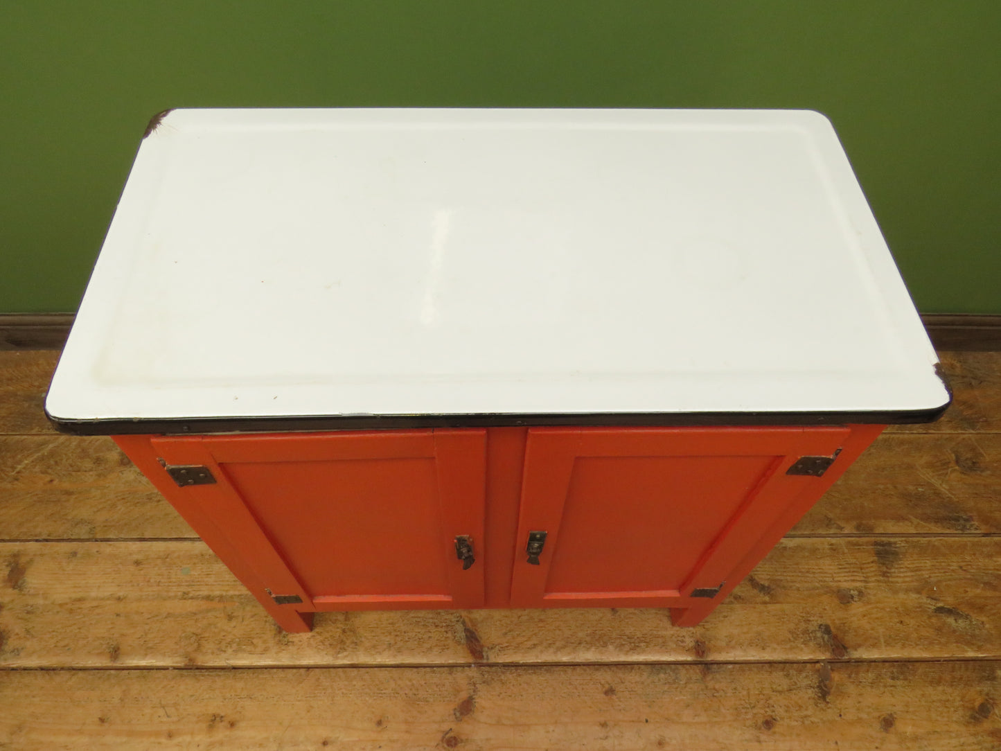 Small Vintage Orange Enamelled Topped Cupboard for Bathroom or Kitchen Storage