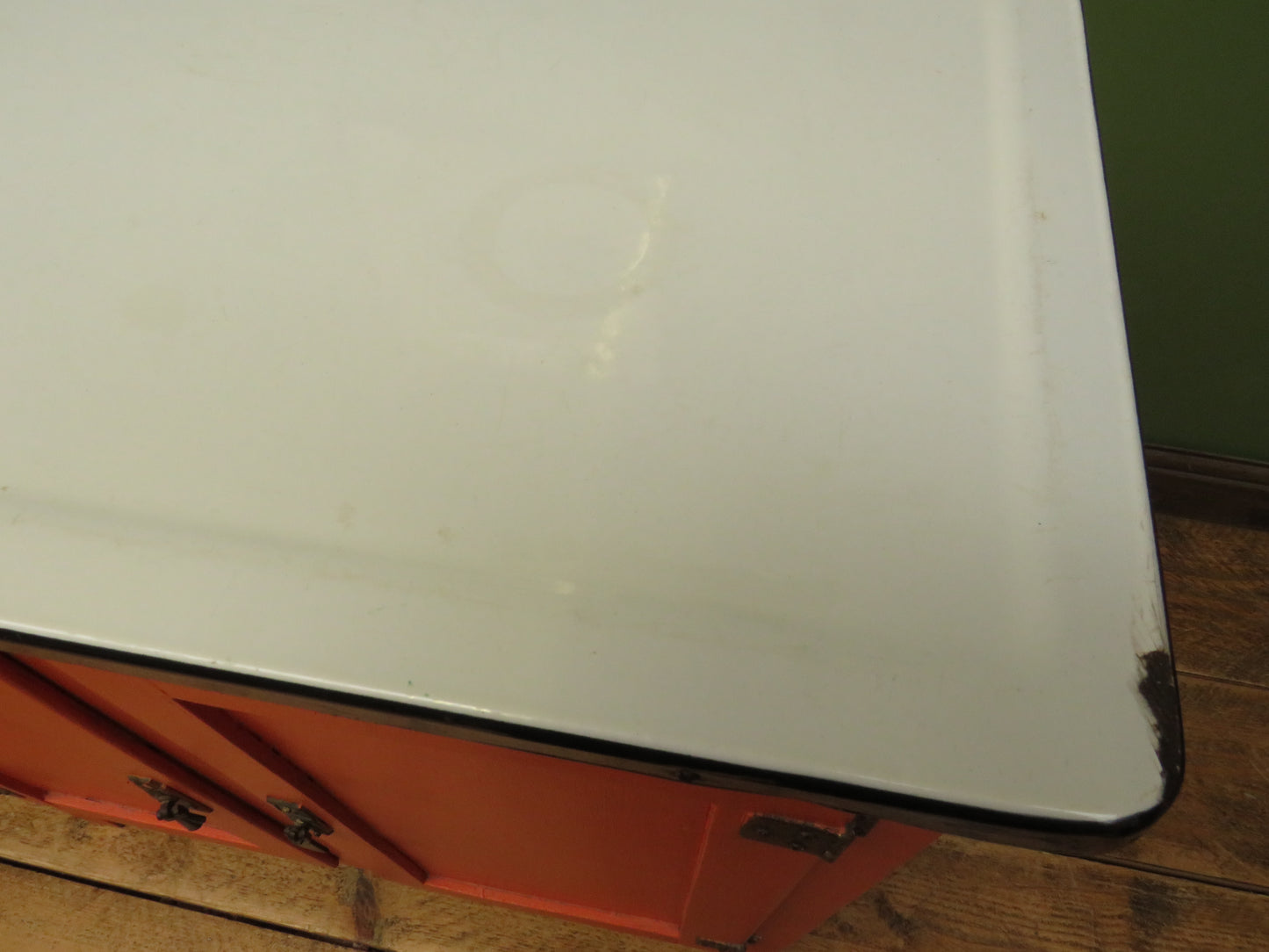Small Vintage Orange Enamelled Topped Cupboard for Bathroom or Kitchen Storage