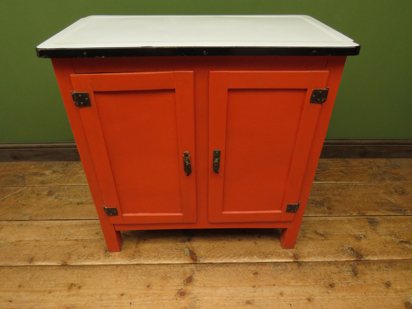 Small Vintage Orange Enamelled Topped Cupboard for Bathroom or Kitchen Storage