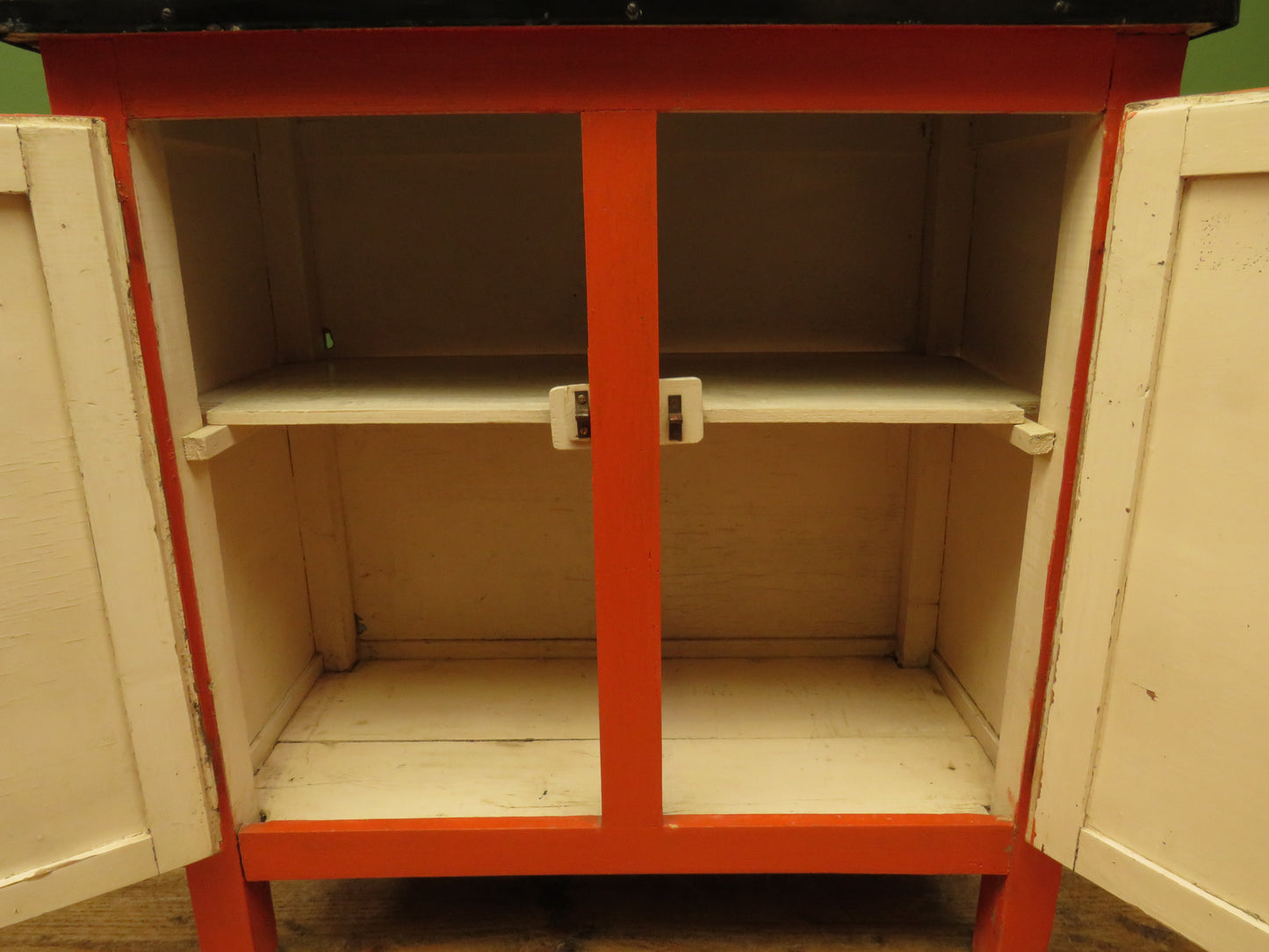 Small Vintage Orange Enamelled Topped Cupboard for Bathroom or Kitchen Storage