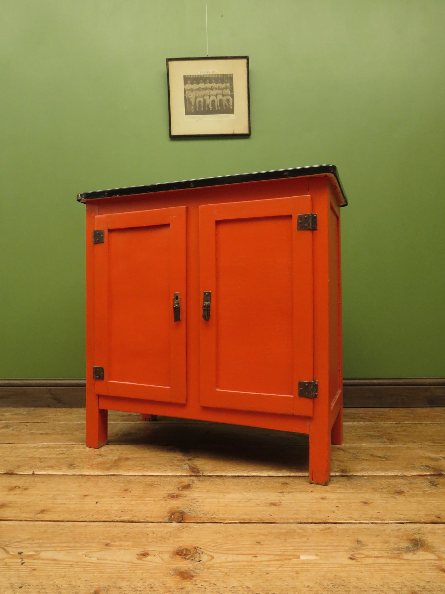 Small Vintage Orange Enamelled Topped Cupboard for Bathroom or Kitchen Storage