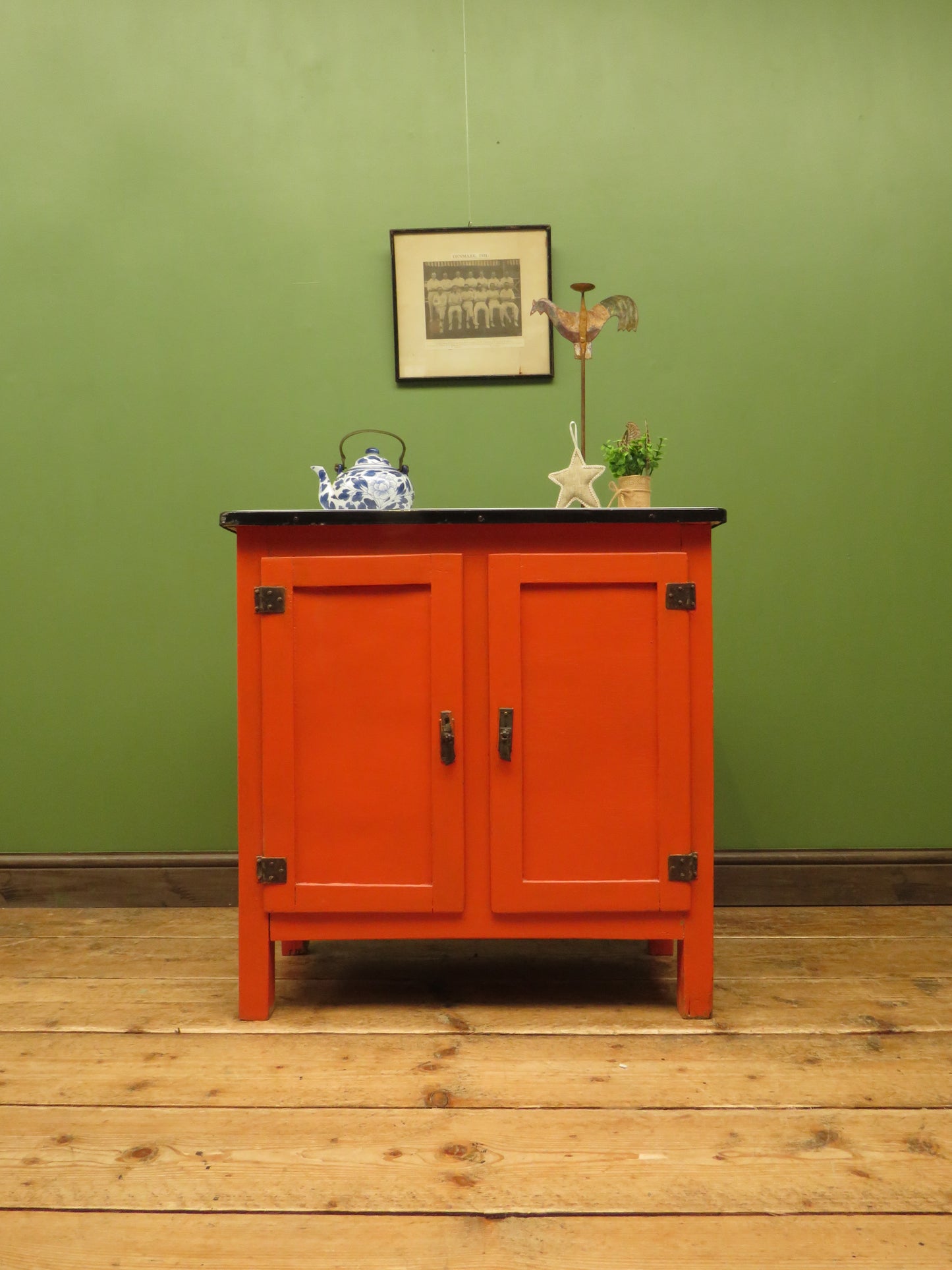 Small Vintage Orange Enamelled Topped Cupboard for Bathroom or Kitchen Storage
