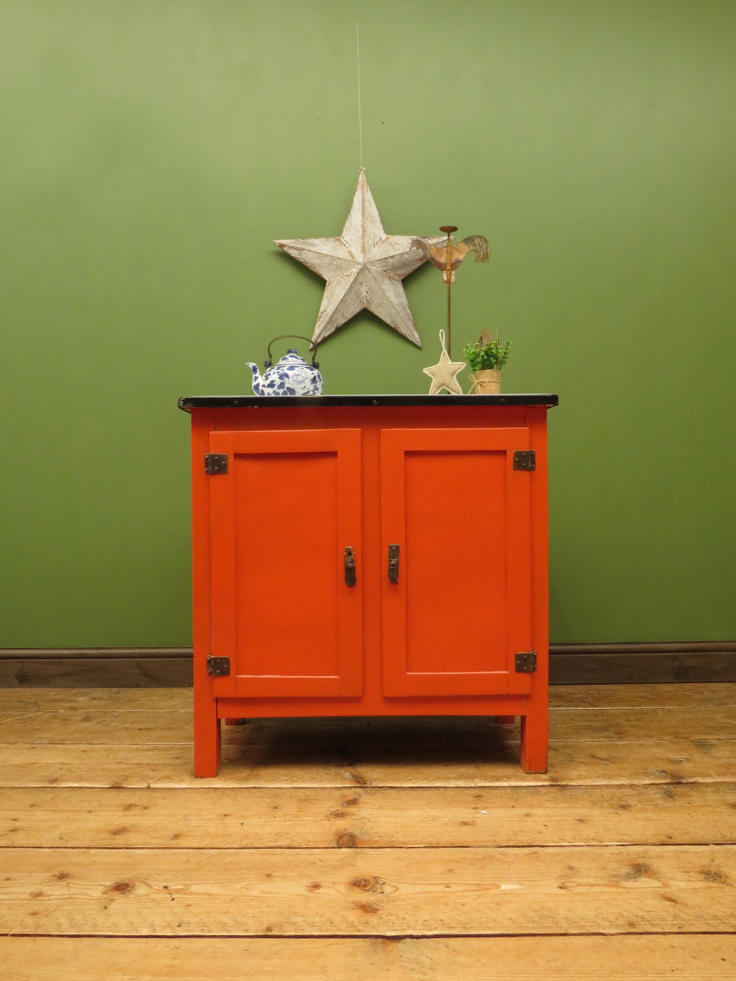 Small Vintage Orange Enamelled Topped Cupboard for Bathroom or Kitchen Storage