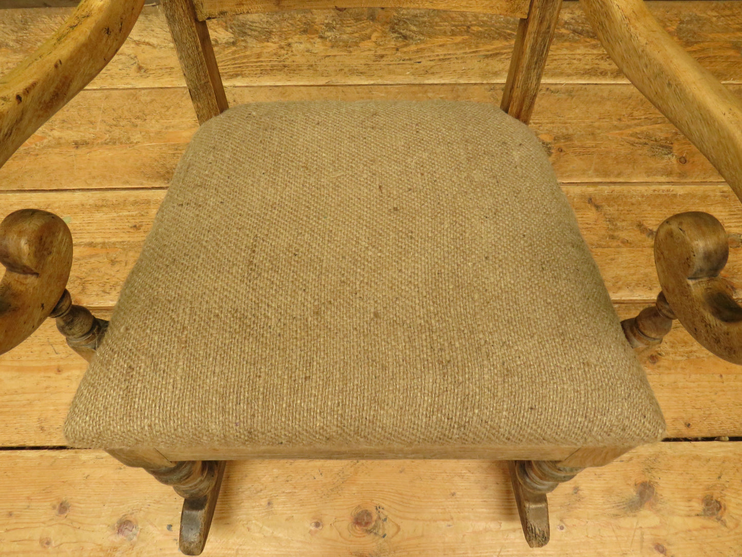 Rustic Country Elm Rocking Chair with Burlap Sack Cloth Seat
