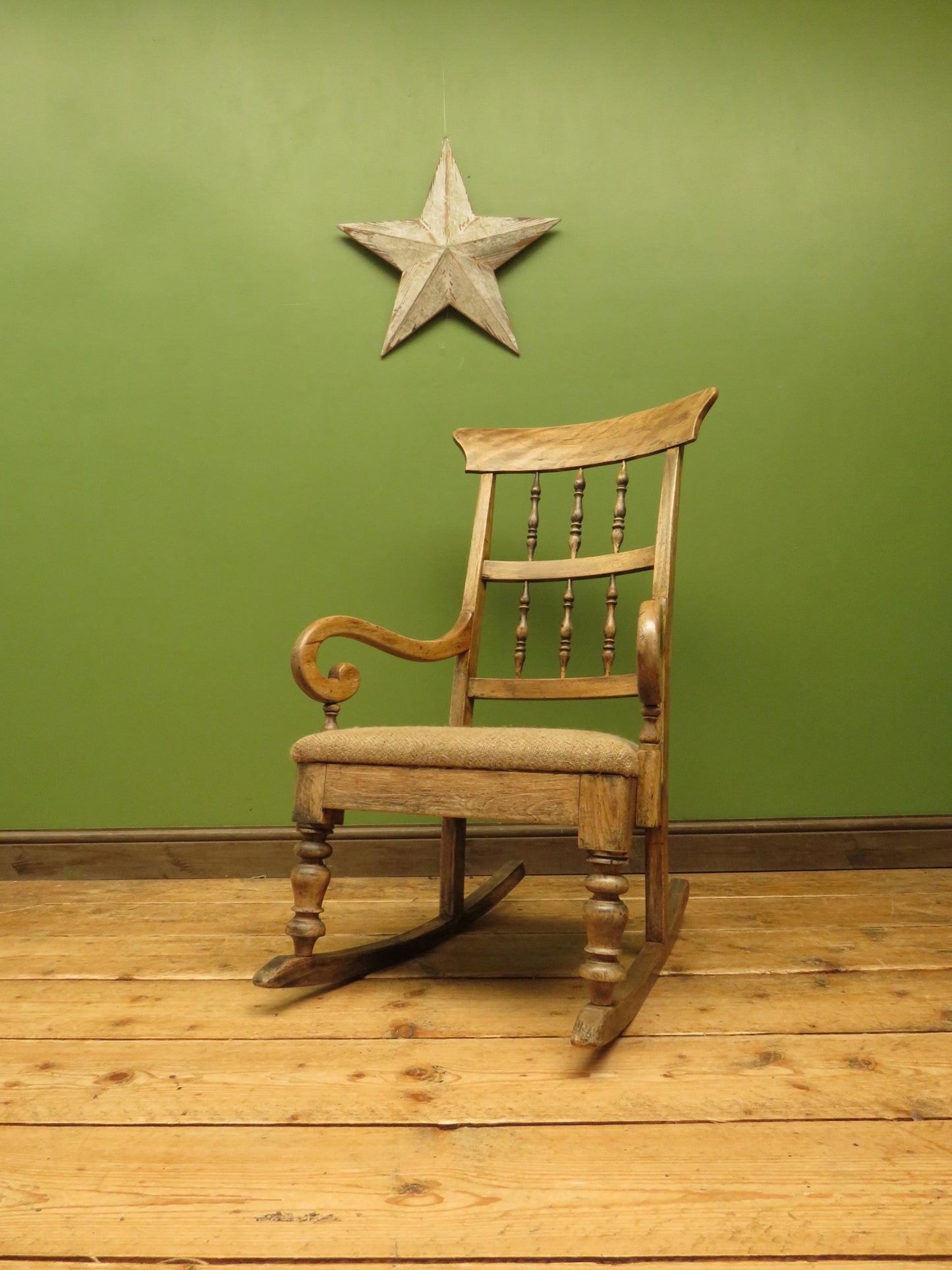Rustic Country Elm Rocking Chair with Burlap Sack Cloth Seat