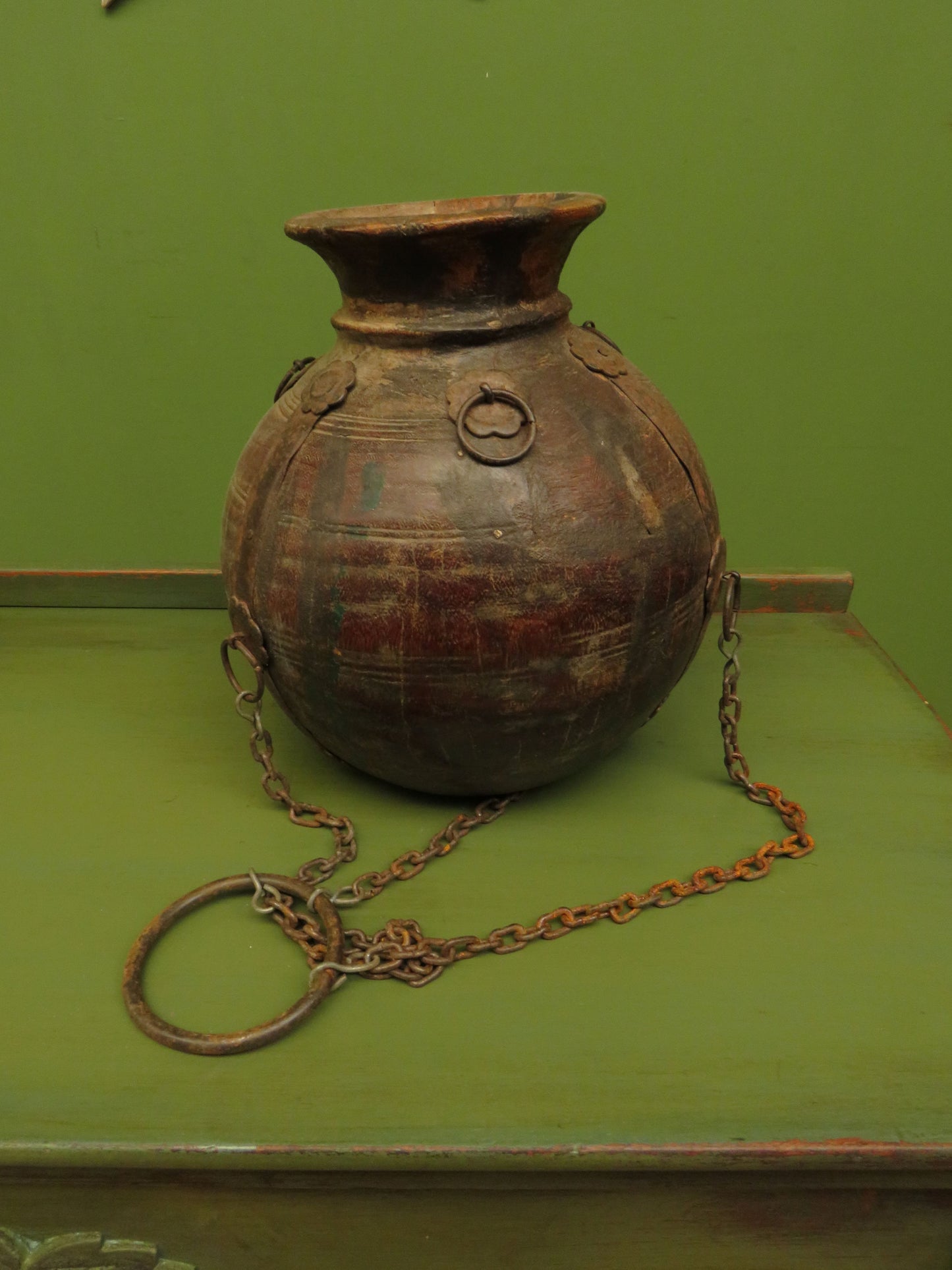 Antique Wooden Indian Water or Milk Pot with Chains