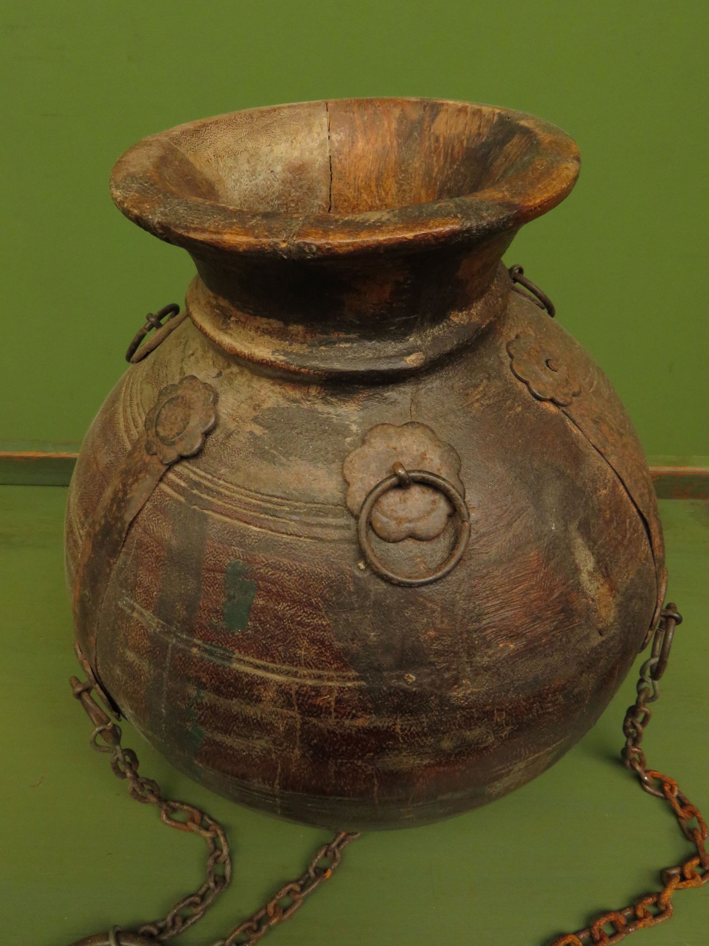 Antique Wooden Indian Water or Milk Pot with Chains