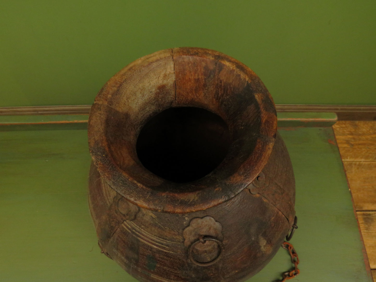 Antique Wooden Indian Water or Milk Pot with Chains