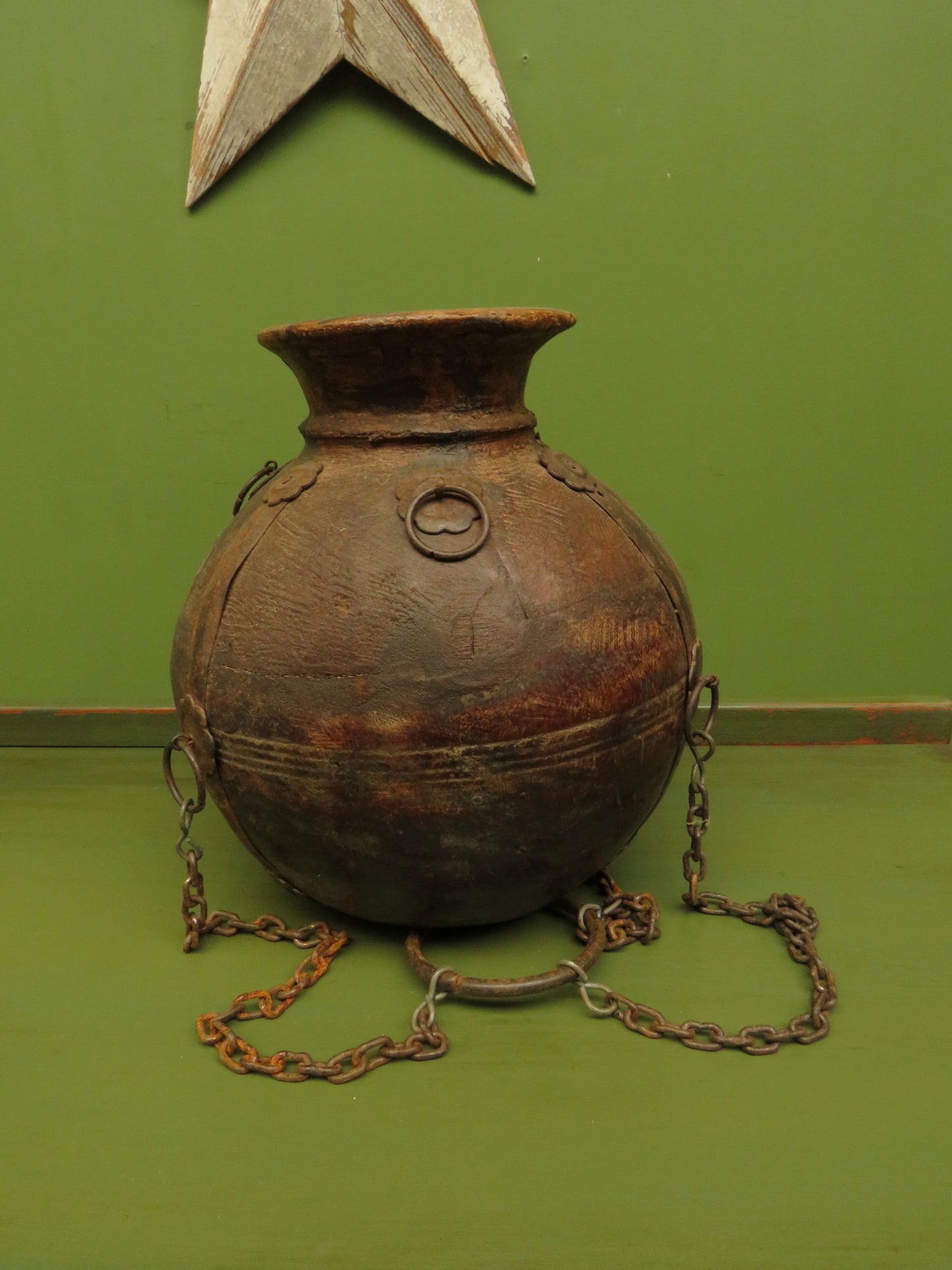 Antique Wooden Indian Water or Milk Pot with Chains
