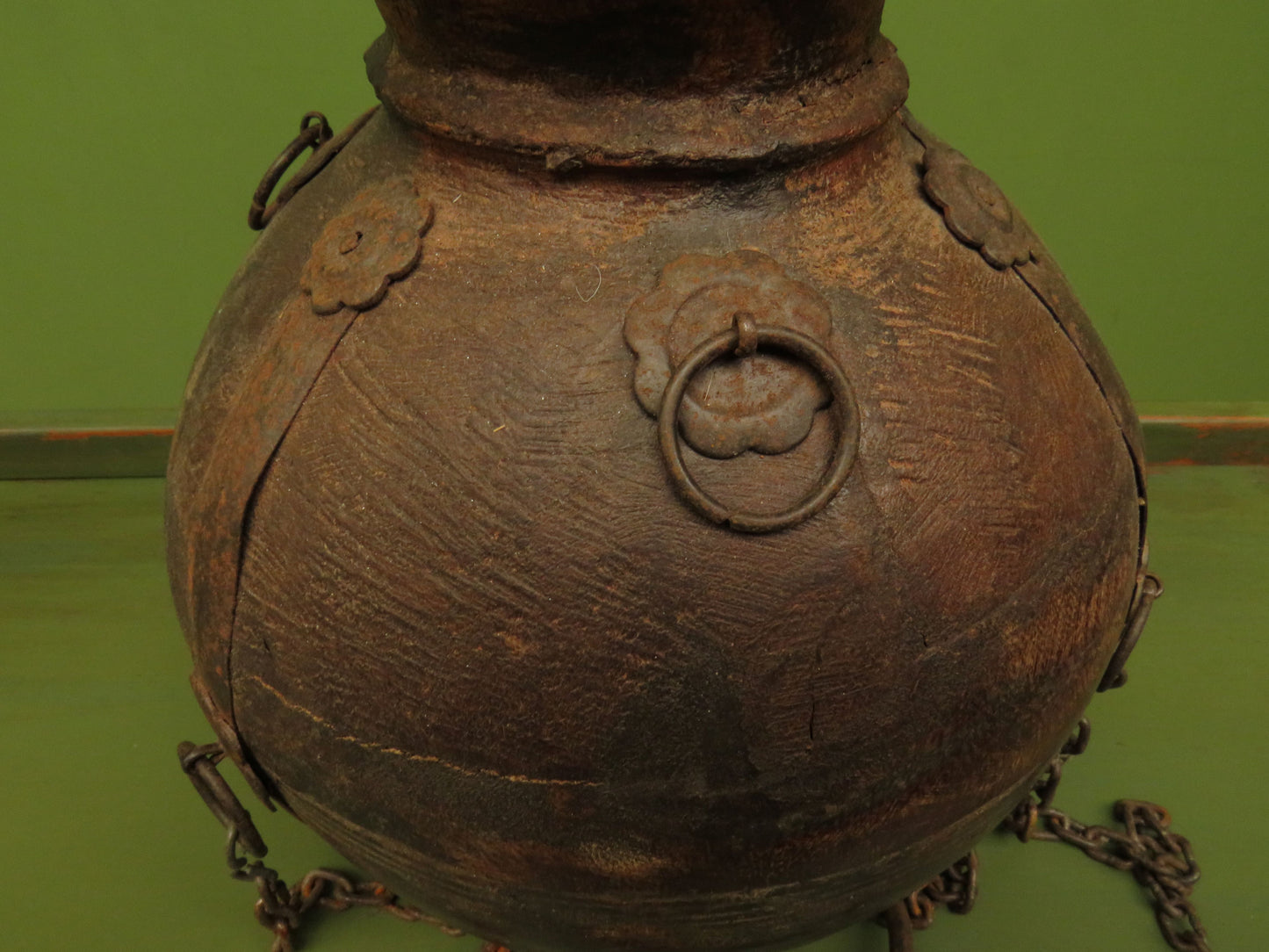 Antique Wooden Indian Water or Milk Pot with Chains