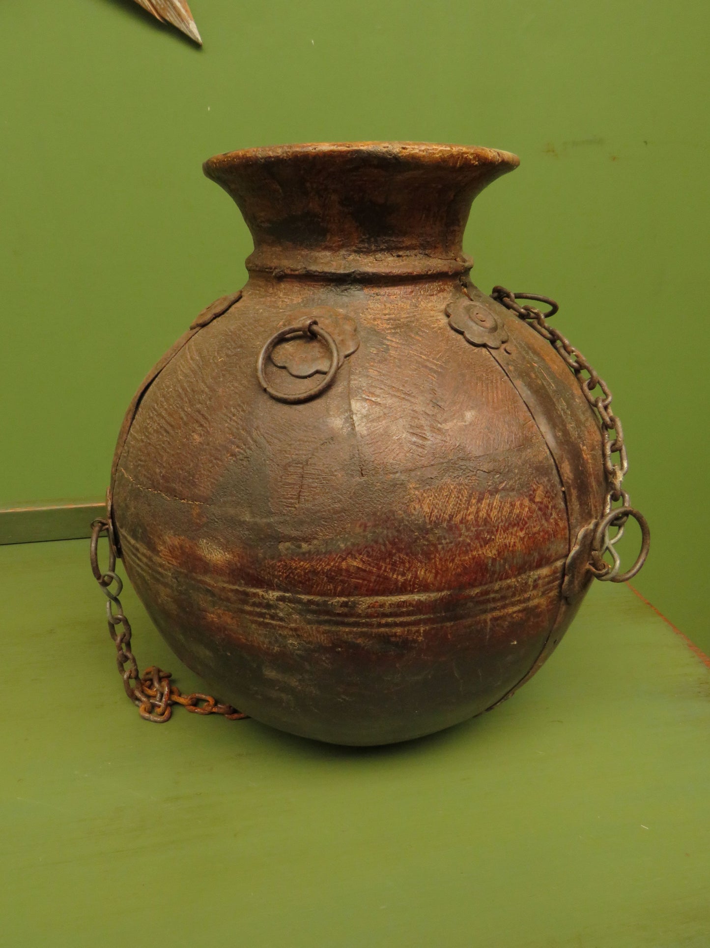 Antique Wooden Indian Water or Milk Pot with Chains