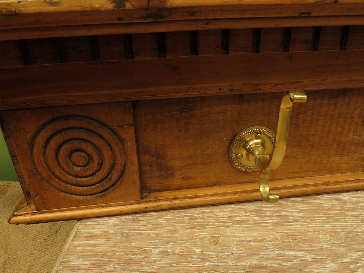 Upcycled Antique Pine Wall Coat Rack with Brass Hooks