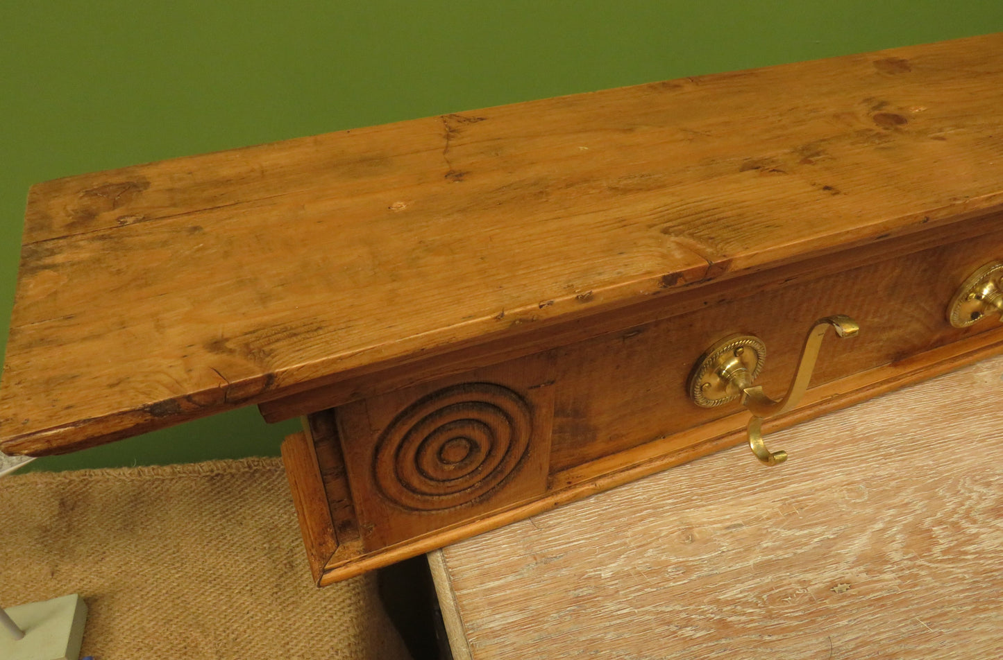 Upcycled Antique Pine Wall Coat Rack with Brass Hooks