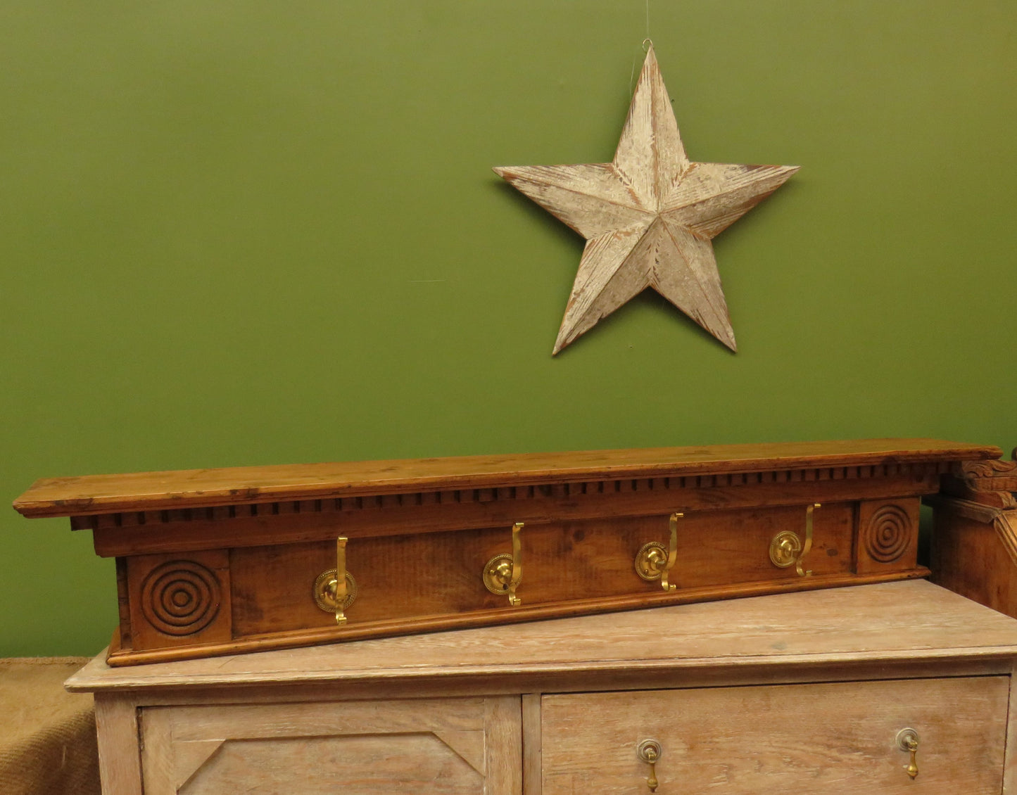 Upcycled Antique Pine Wall Coat Rack with Brass Hooks