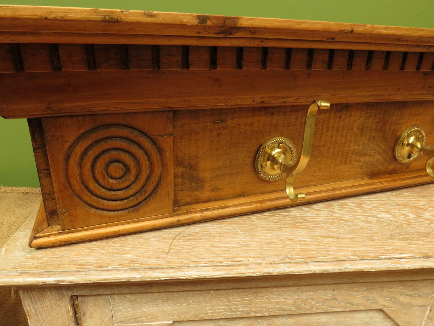 Upcycled Antique Pine Wall Coat Rack with Brass Hooks