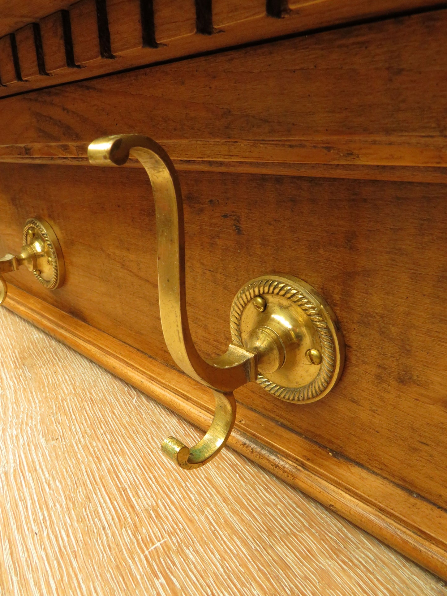 Upcycled Antique Pine Wall Coat Rack with Brass Hooks