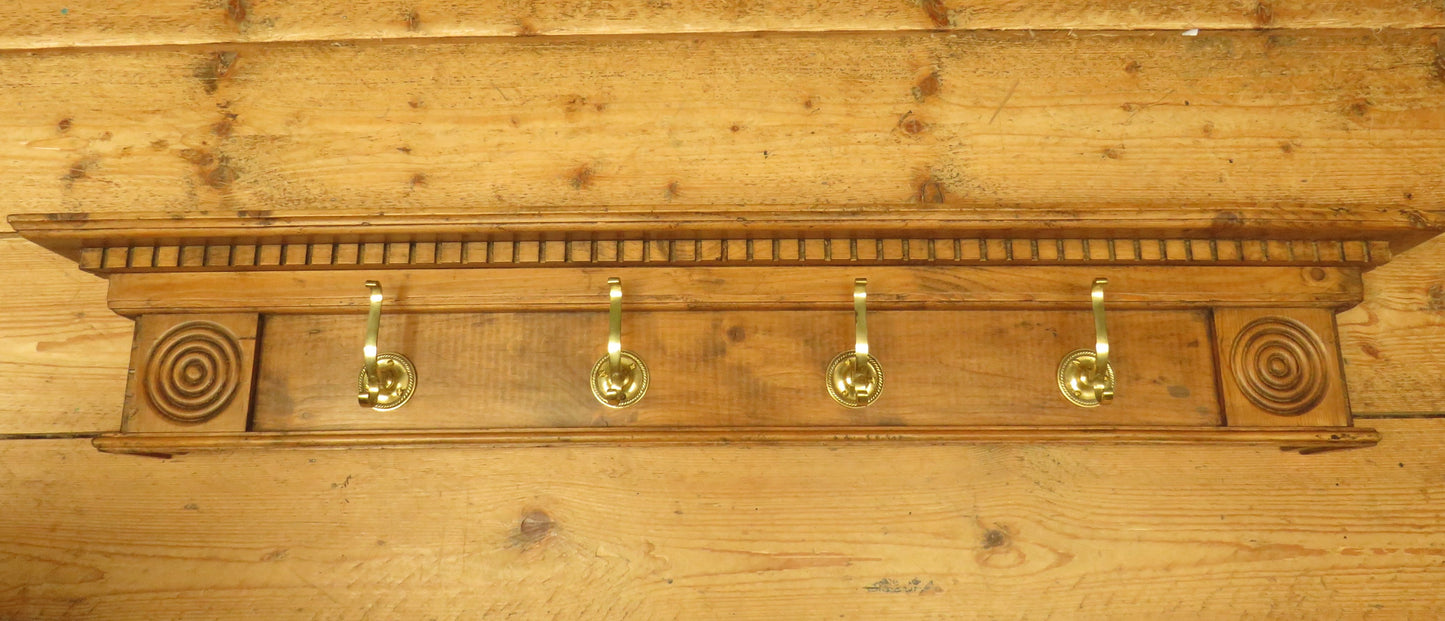 Upcycled Antique Pine Wall Coat Rack with Brass Hooks