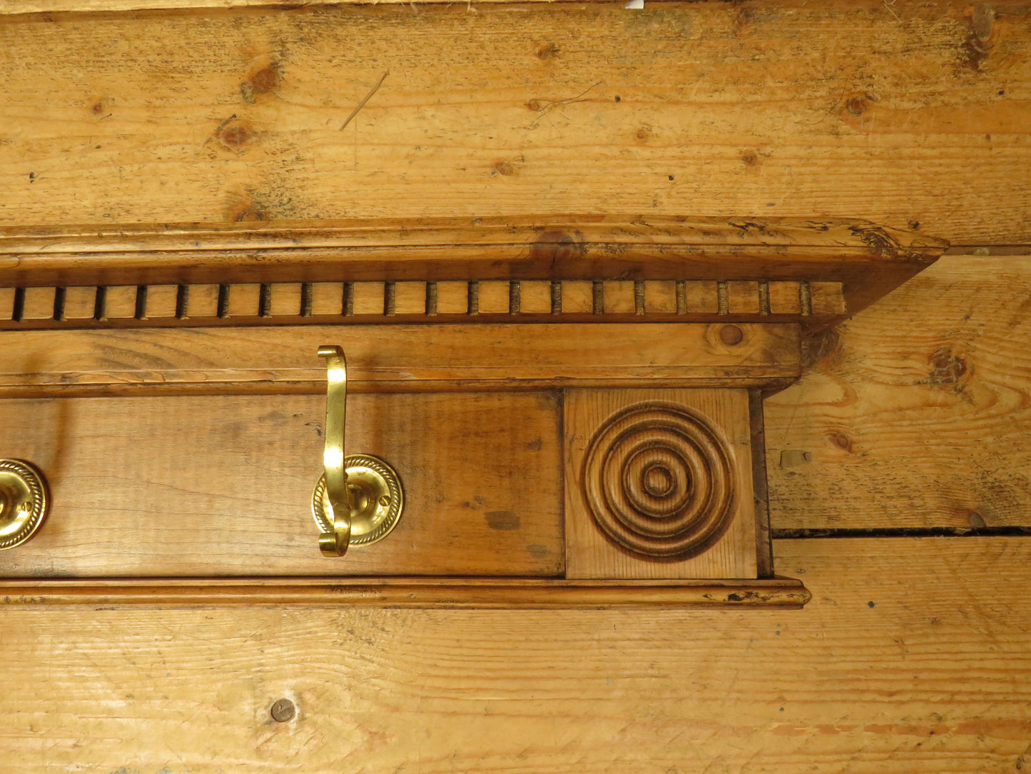Upcycled Antique Pine Wall Coat Rack with Brass Hooks