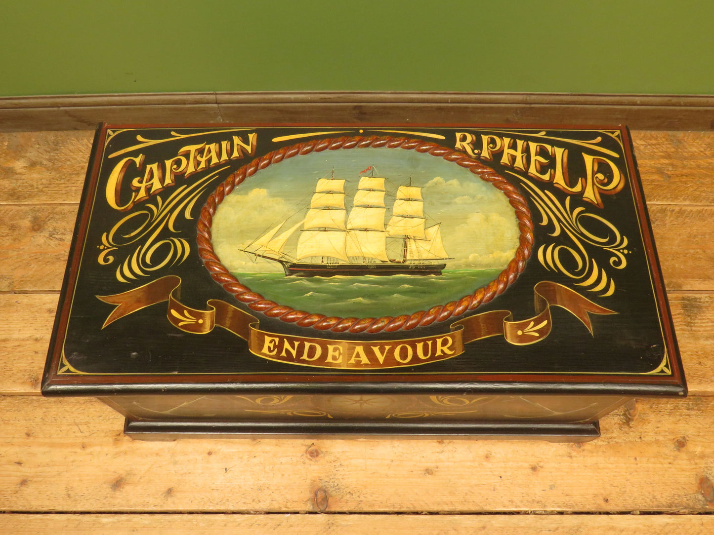Hand Painted Nautical Themed Pine Trunk, Captain R.Phelp, Endeavour
