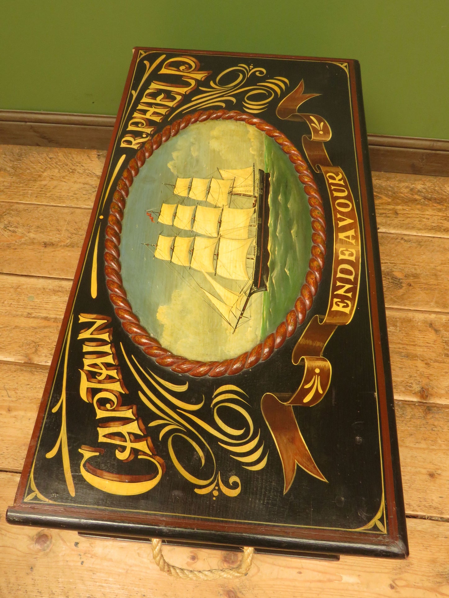 Hand Painted Nautical Themed Pine Trunk, Captain R.Phelp, Endeavour