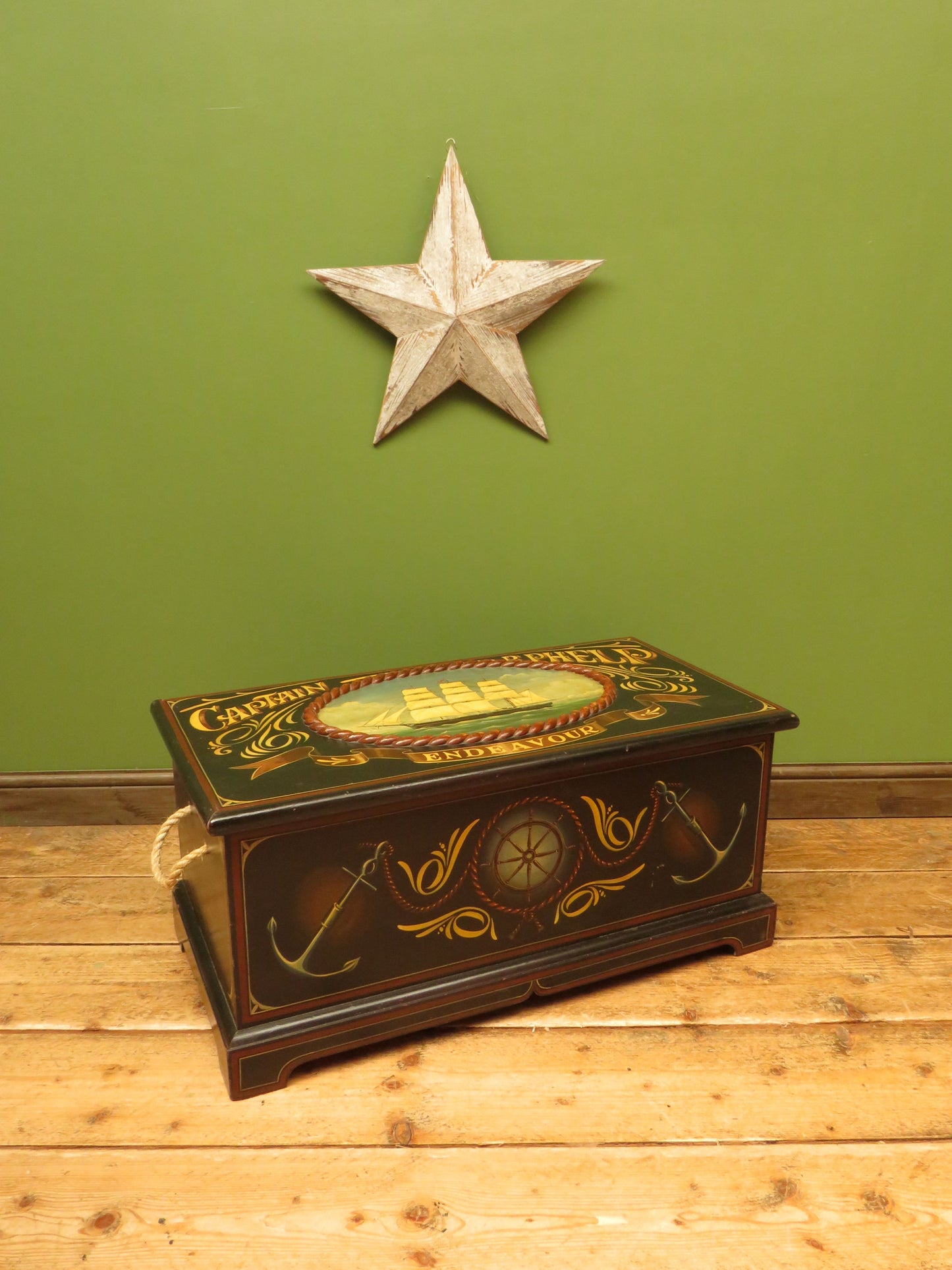 Hand Painted Nautical Themed Pine Trunk, Captain R.Phelp, Endeavour