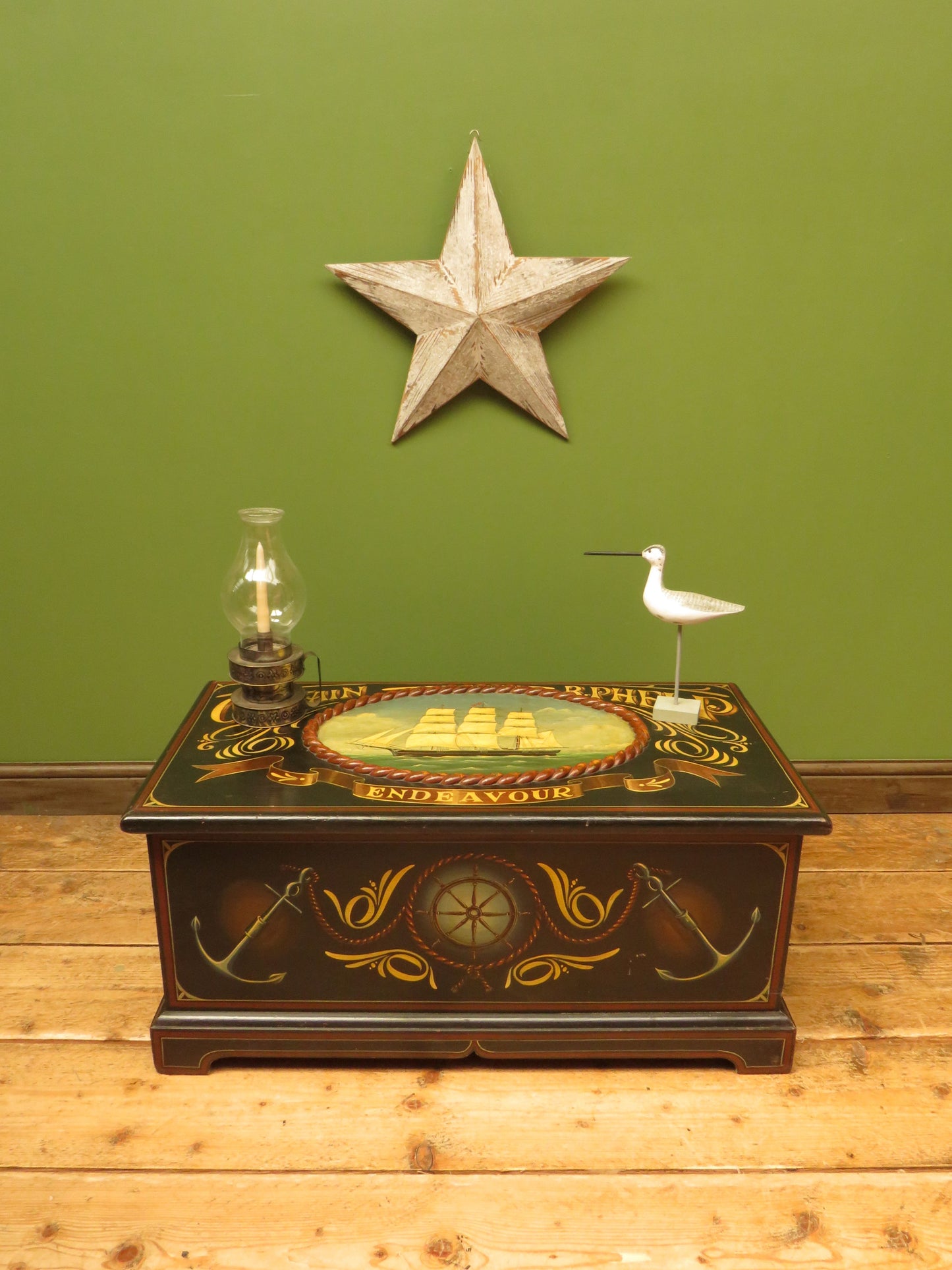 Hand Painted Nautical Themed Pine Trunk, Captain R.Phelp, Endeavour