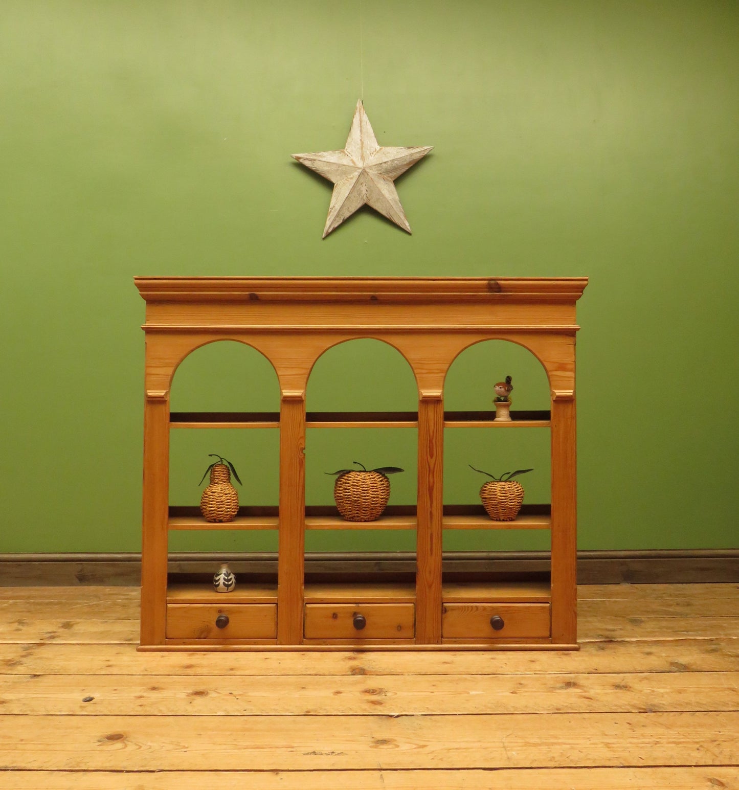 Pine Kitchen Wall Shelf with Small Drawers
