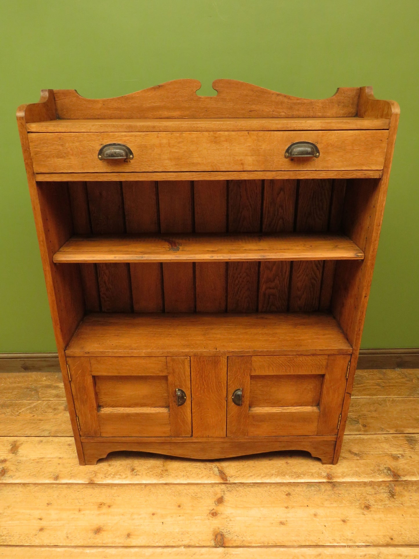 Arts & Crafts Era Oak Book Cabinet with Shelves and Cupboard