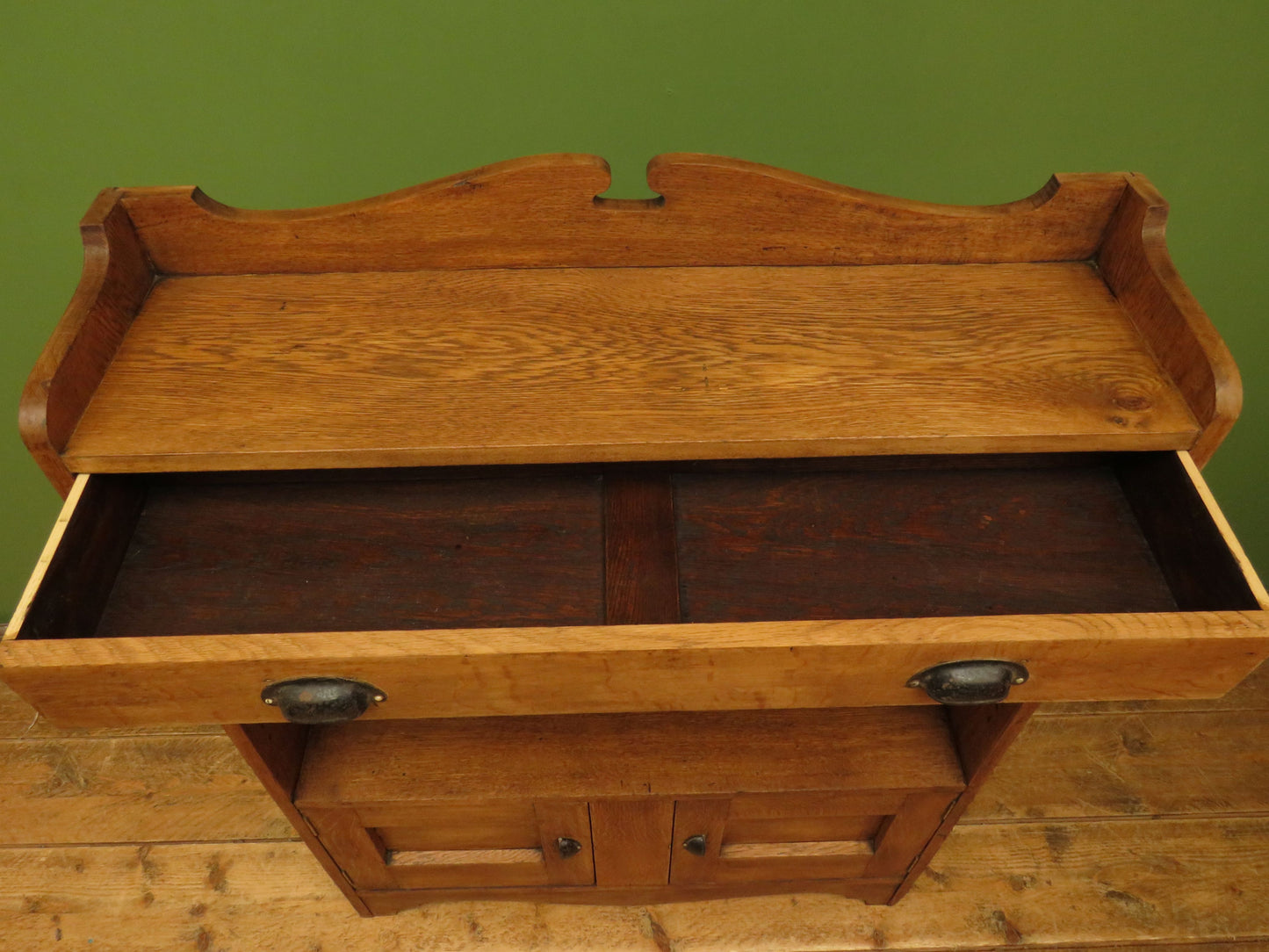 Arts & Crafts Era Oak Book Cabinet with Shelves and Cupboard